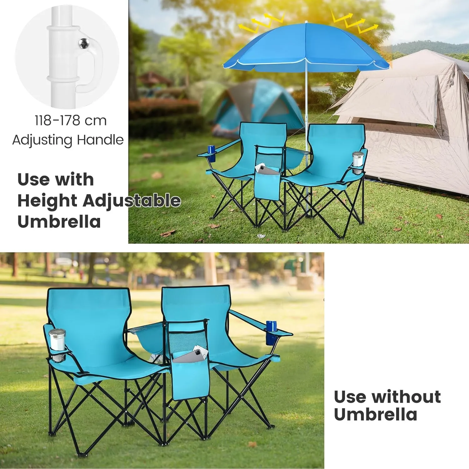 Double Camping Chair with Canopy, Folding Camp Chairs w/Cup Holder, Cooler & Carry Bag, Table, Side Pocket, 2 Person Portable Beach Chair with Umbrella, for Picnic Fishing (Turquoise)
