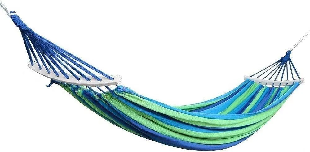 Double Hammock Portable Travelling Camping Hammock Canvas Striped with Backpack Swing Lounger (Color : Blue, Size : 200x150cm)