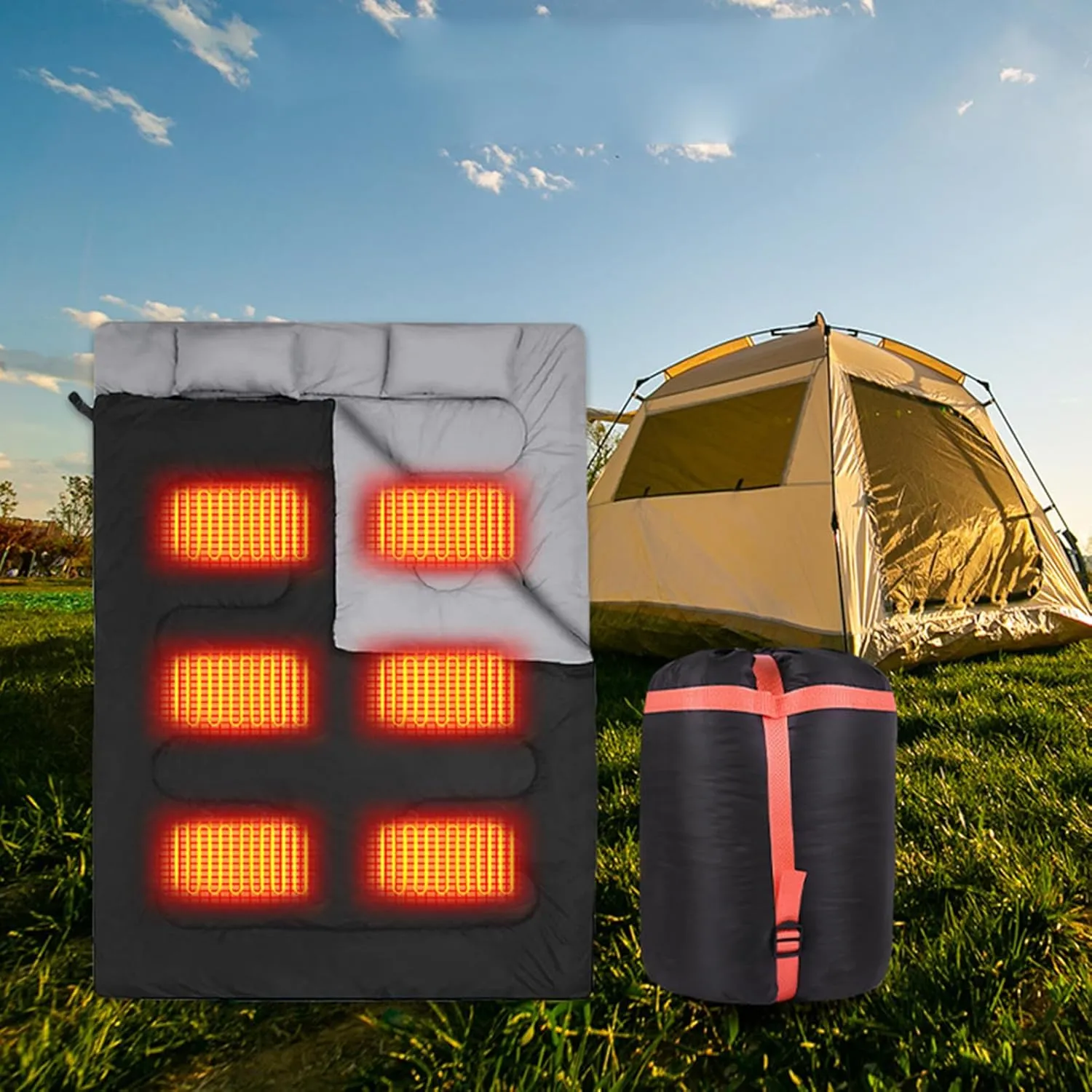 Double Heated Sleeping Bag for Adults, 2 Person USB Electric Sleeping Bag for Camping Hiking Backpacking, Queen Size Heating Sleeping Bag for Cold Weather Warm, 5V