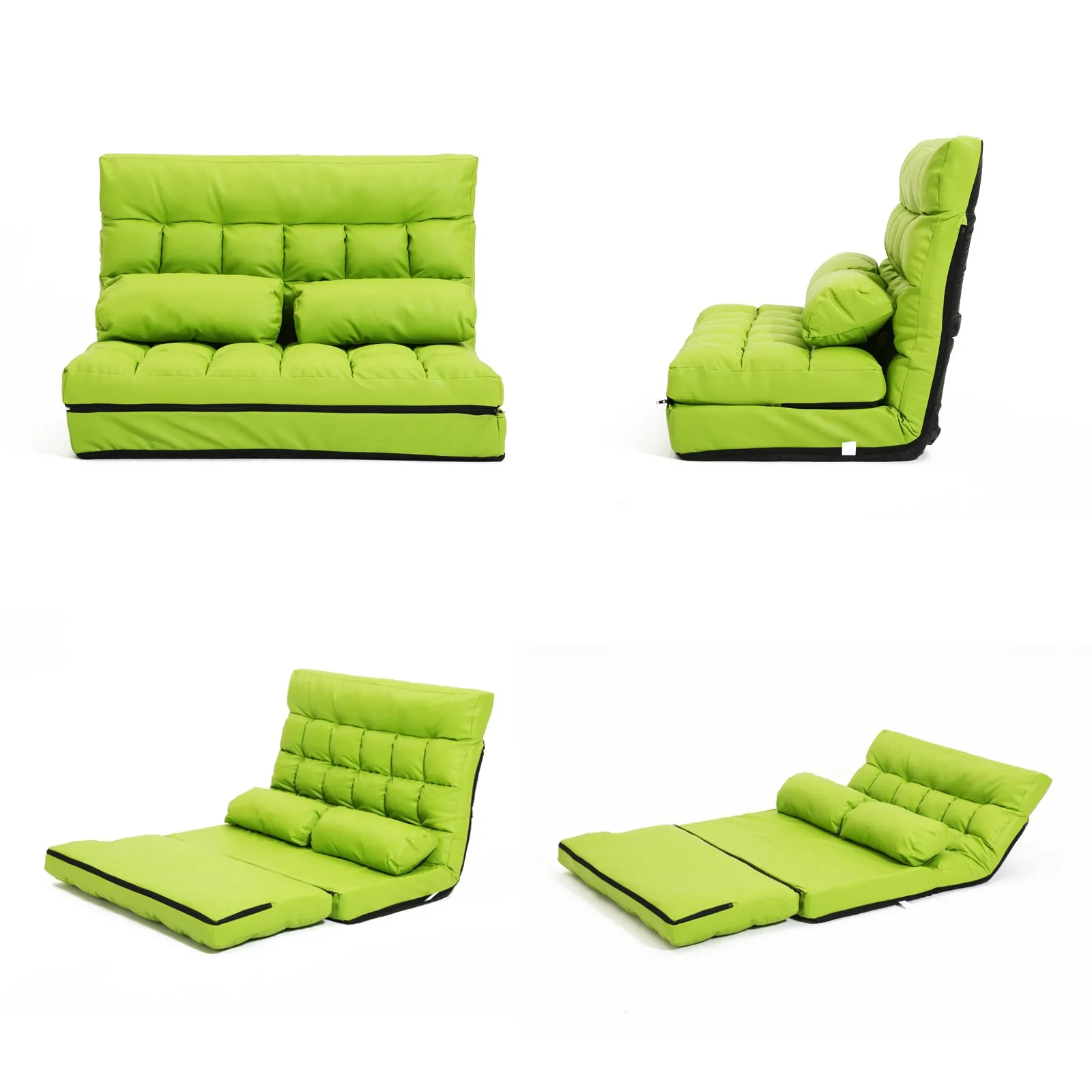 Double Seat Floor Sofa Adjustable Recliner Gaming Couch Bed Green PU Leather
