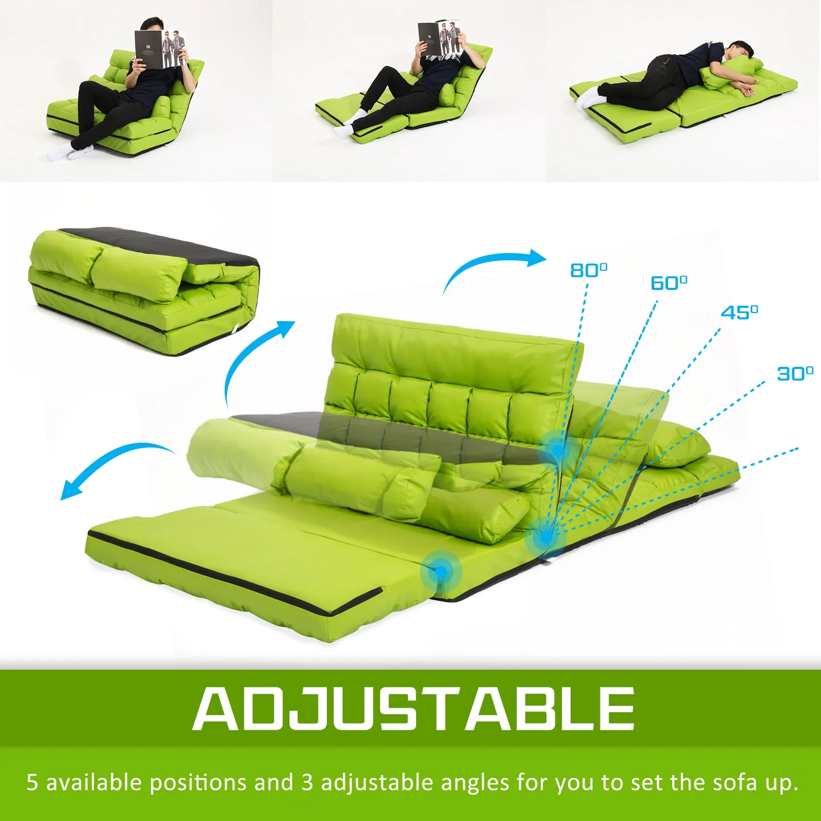 Double Seat Floor Sofa Adjustable Recliner Gaming Couch Bed Green PU Leather