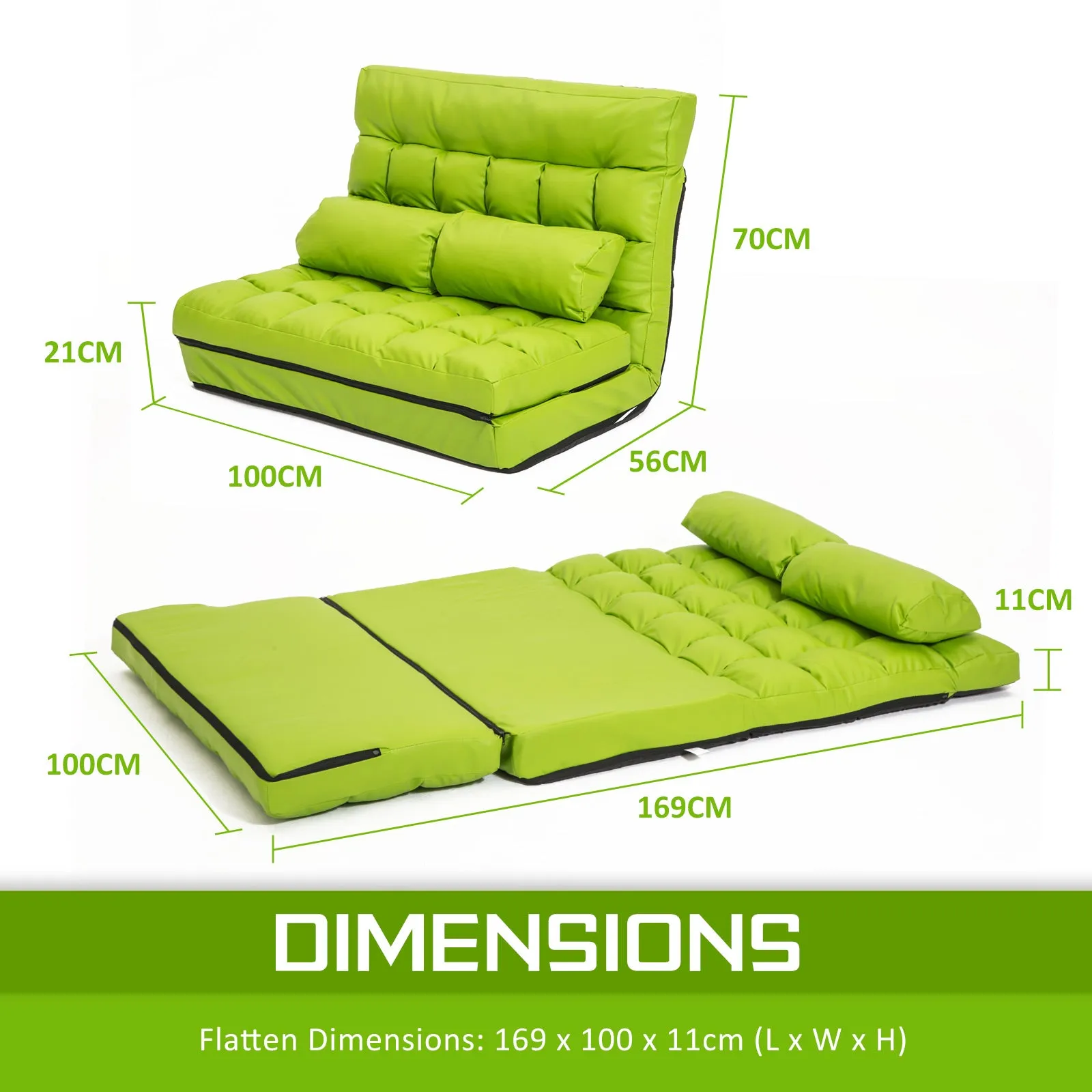 Double Seat Floor Sofa Adjustable Recliner Gaming Couch Bed Green PU Leather