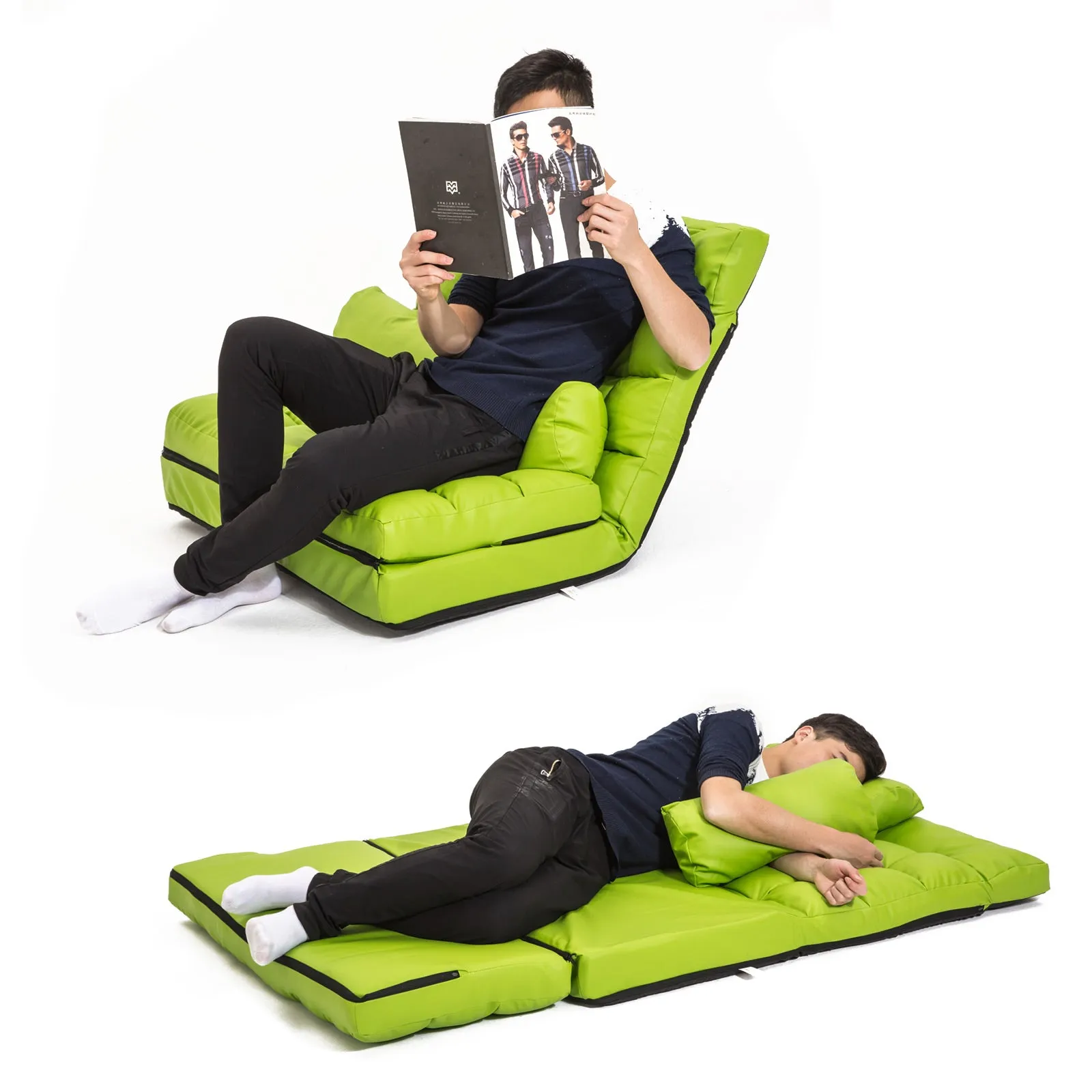 Double Seat Floor Sofa Adjustable Recliner Gaming Couch Bed Green PU Leather