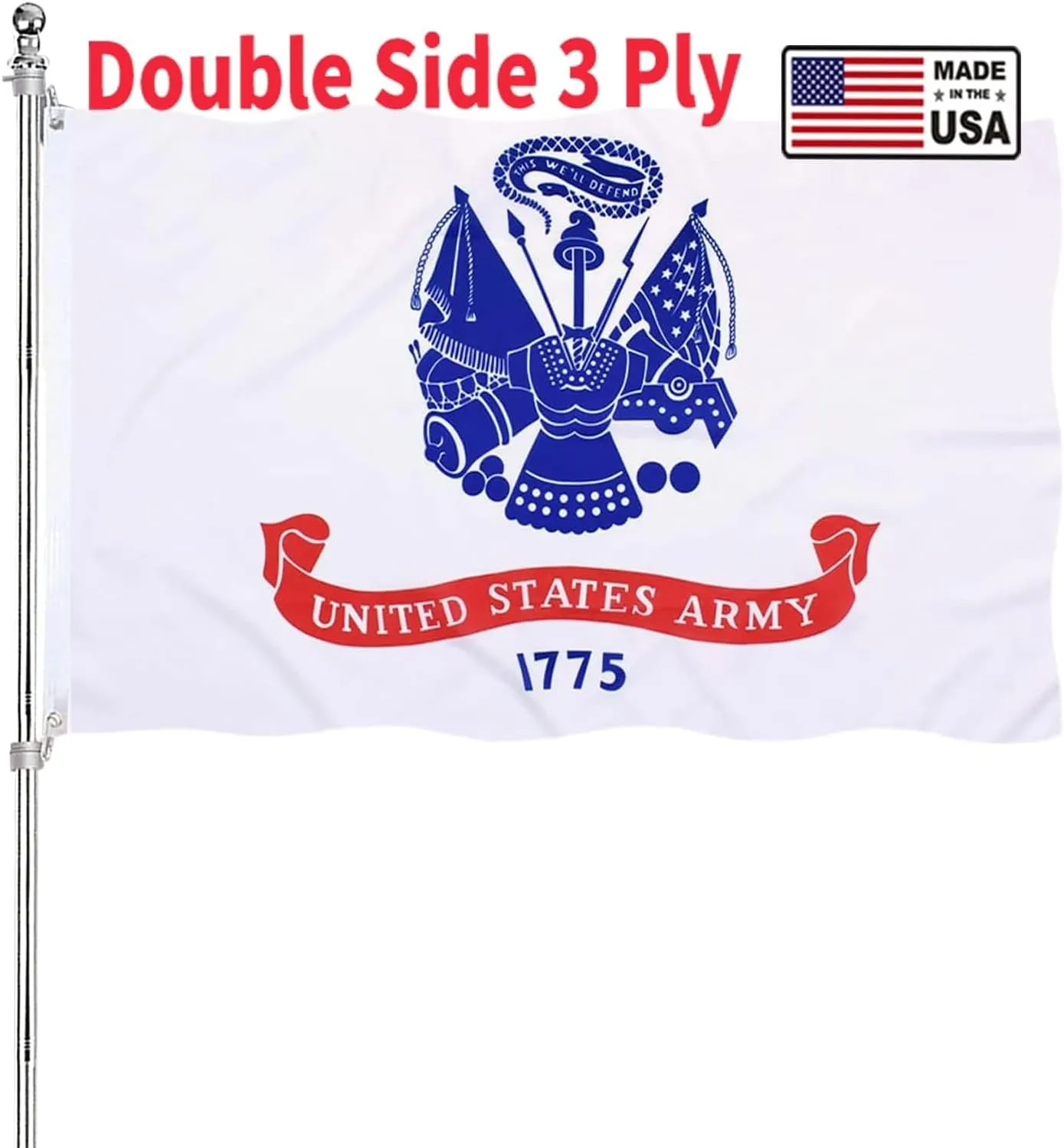 Double Sided US Army Flag White 4x6 Heavy Duty United States Military Flag Army 1775 Heavy Duty 3 Ply 200D Polyester and Durable Canvas Header with 2 Brass Grommets
