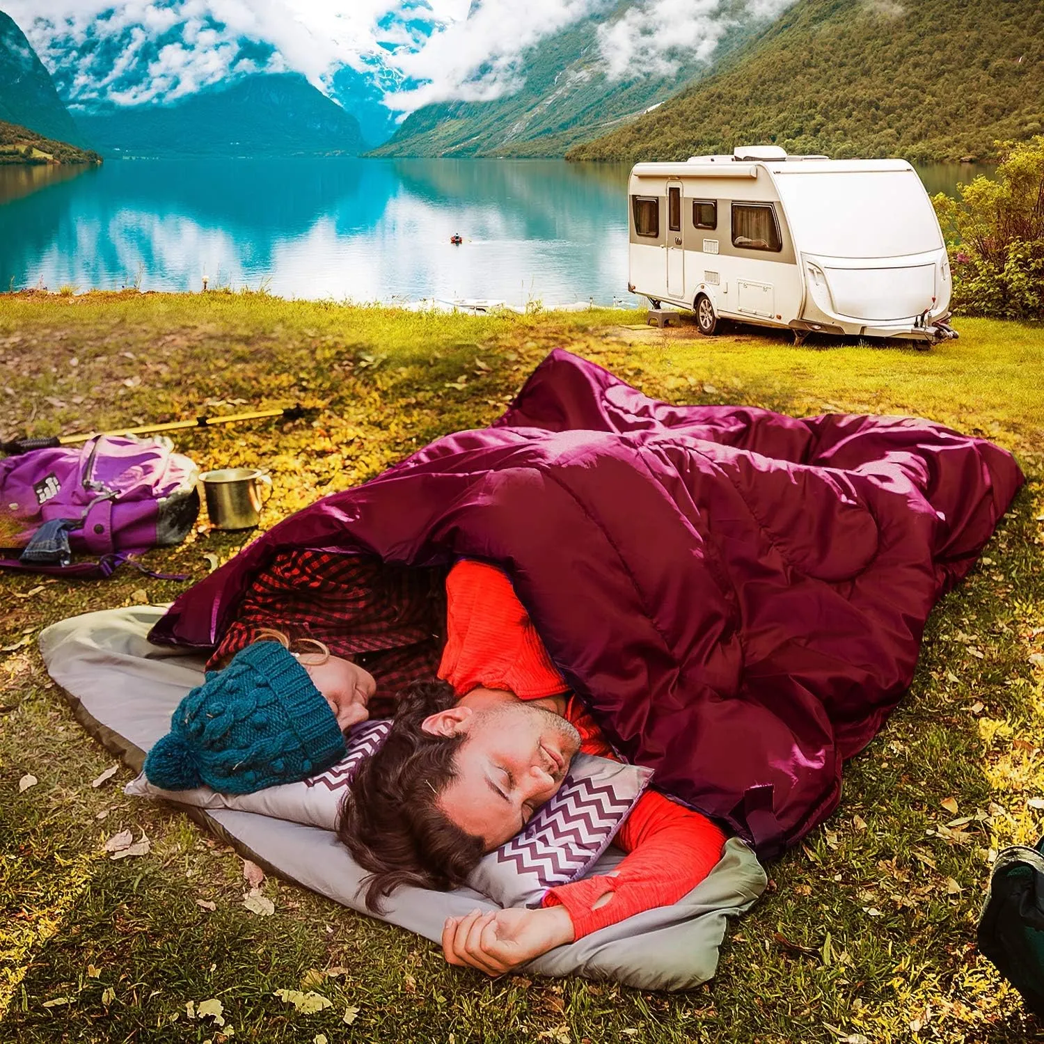 Double Sleeping Bag Queen Size XL -for Camping, Hiking Backpacking and Cold Weather, Portable, Waterproof and Lightweight - 2 Person Sleeping Bag