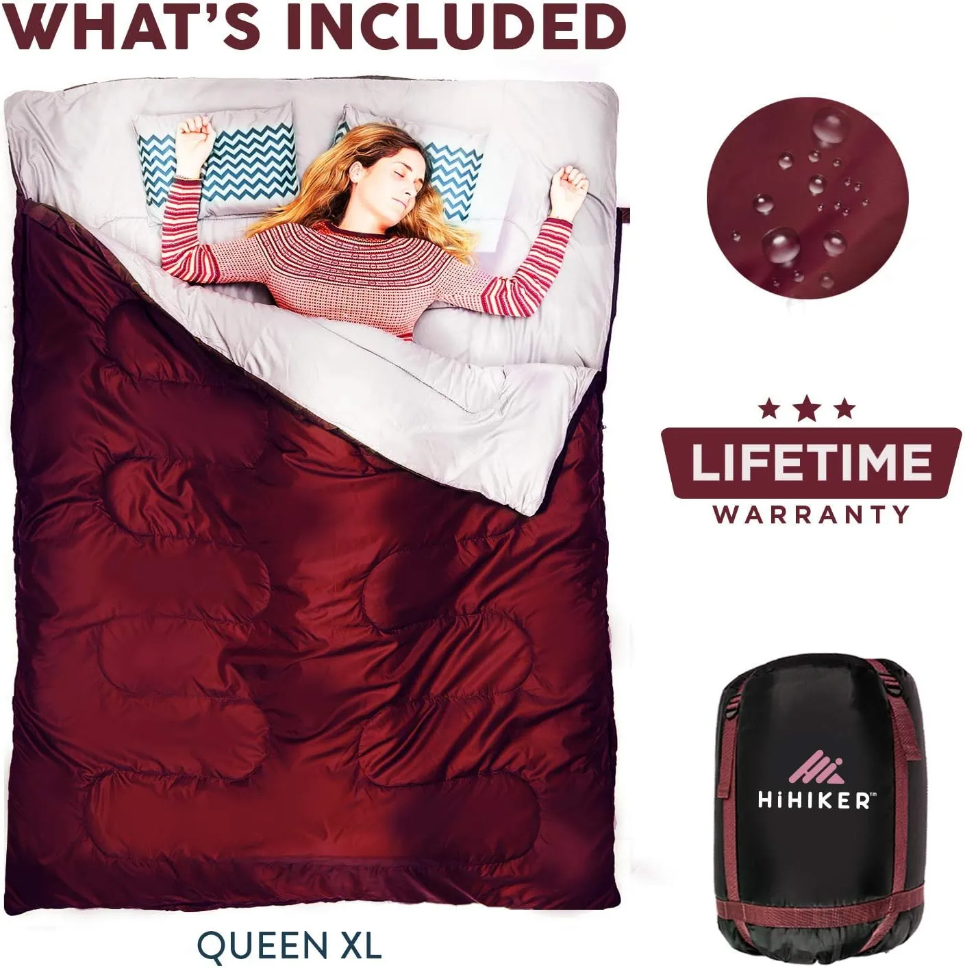 Double Sleeping Bag Queen Size XL -for Camping, Hiking Backpacking and Cold Weather, Portable, Waterproof and Lightweight - 2 Person Sleeping Bag