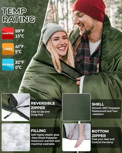 Double Sleeping Bag w/ 2 Pillows for Adults-Queen Size,2 Person