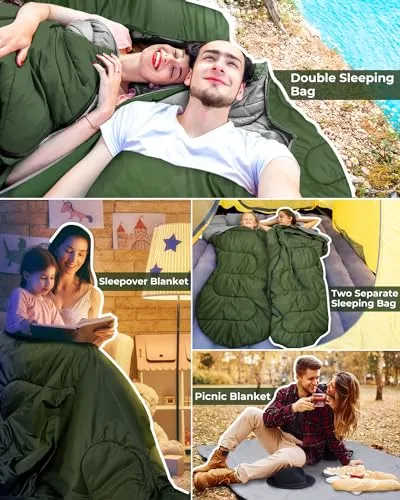 Double Sleeping Bag w/ 2 Pillows for Adults-Queen Size,2 Person