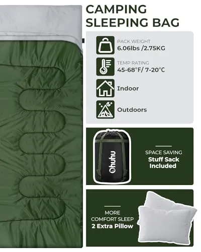 Double Sleeping Bag w/ 2 Pillows for Adults-Queen Size,2 Person