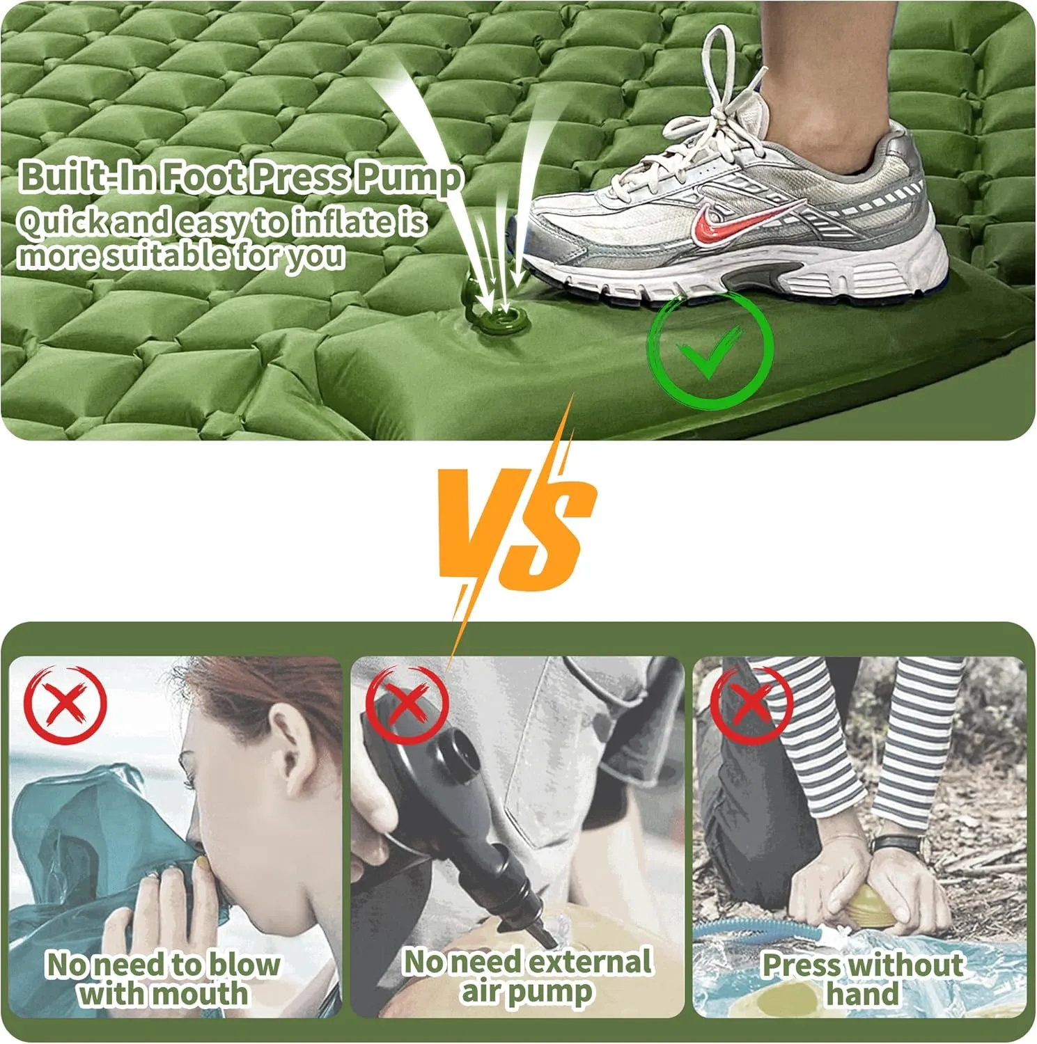 Double Sleeping Pad for Camping, 2 Person Ultralight Inflatable Sleeping Mat with Pillow and Built-in Foot Pump, Portable Camping Mattress for Tent, Backpacking, Hiking, Traveling（Green
