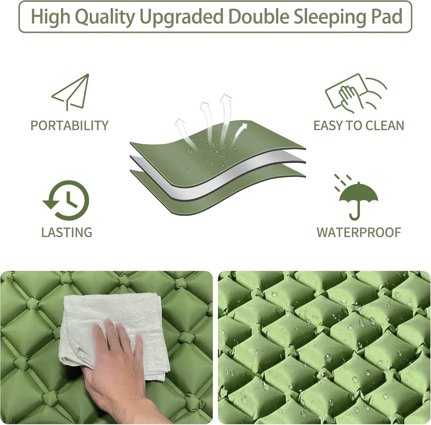 Double Sleeping Pad for Camping, 2 Person Ultralight Inflatable Sleeping Mat with Pillow and Built-in Foot Pump, Portable Camping Mattress for Tent, Backpacking, Hiking, Traveling（Green