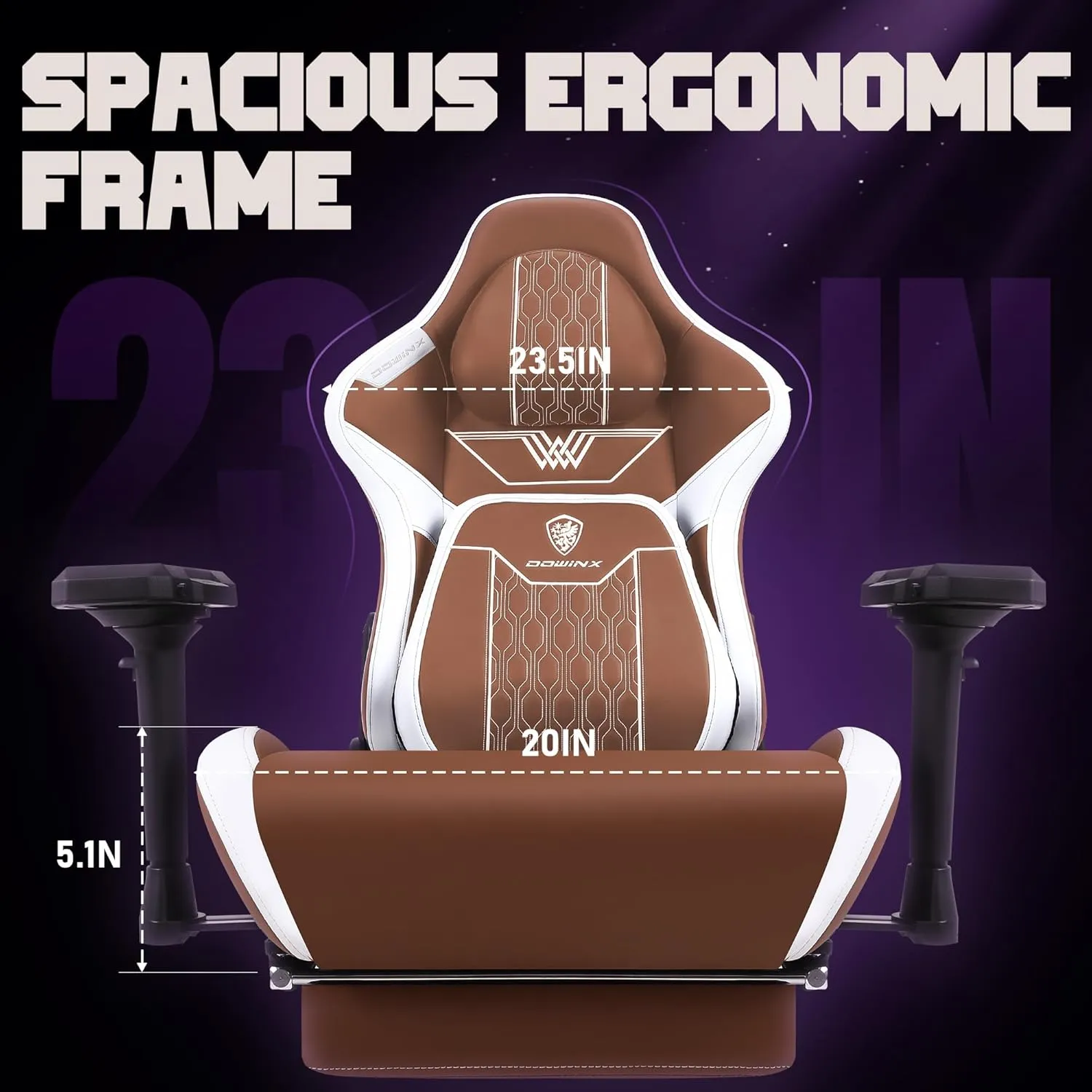 Dowinx Big and Tall Gaming Chair with Footrest, High Back Ergonomic Office Chair with Comfortable Headrest and Lumbar Support, 4D Armrests Computer Chair for Adults, Pu Leather, Brown