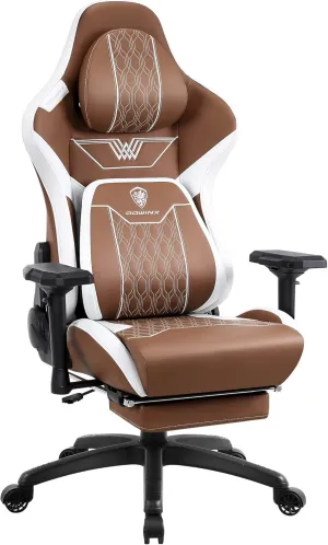 Dowinx Big and Tall Gaming Chair with Footrest, High Back Ergonomic Office Chair with Comfortable Headrest and Lumbar Support, 4D Armrests Computer Chair for Adults, Pu Leather, Brown