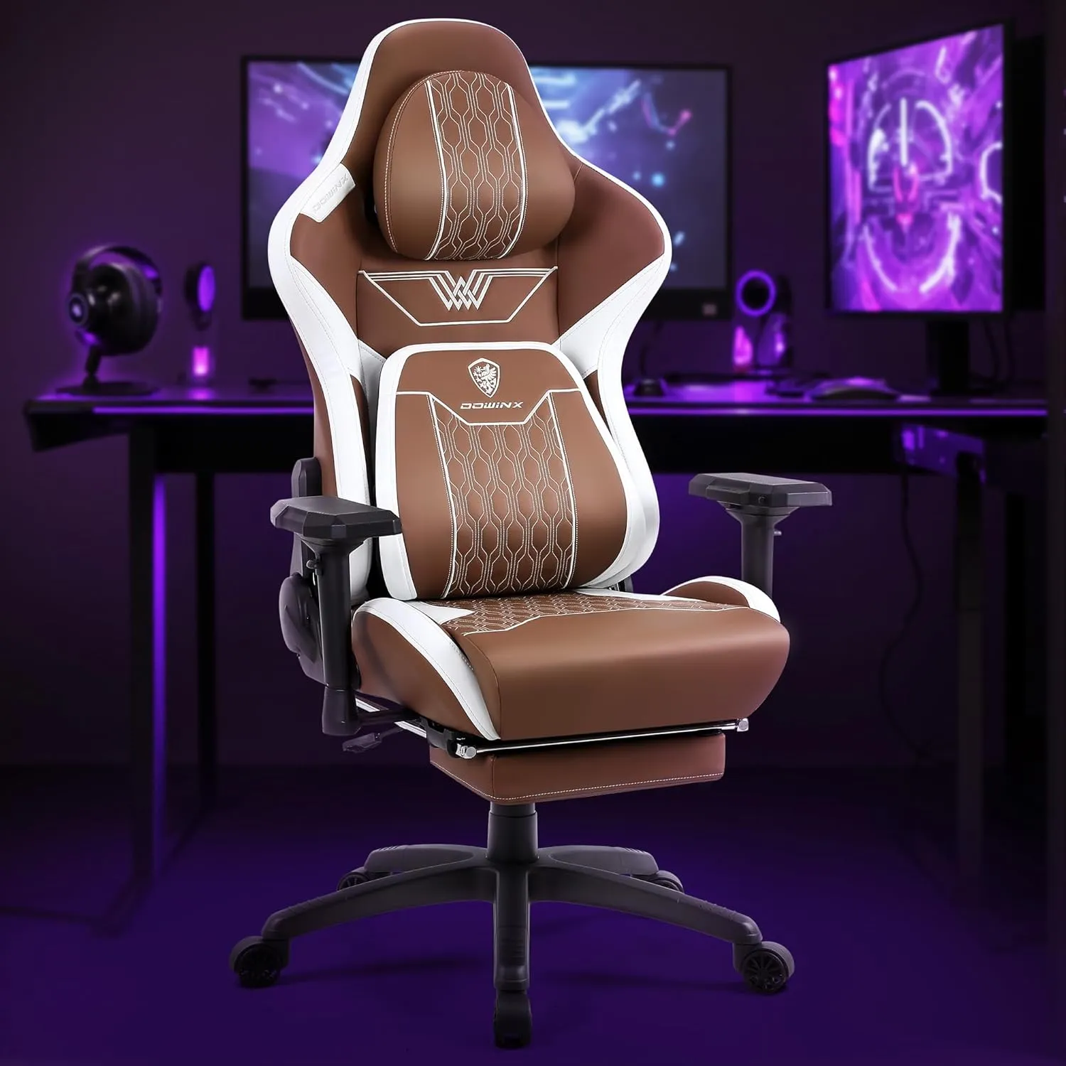 Dowinx Big and Tall Gaming Chair with Footrest, High Back Ergonomic Office Chair with Comfortable Headrest and Lumbar Support, 4D Armrests Computer Chair for Adults, Pu Leather, Brown