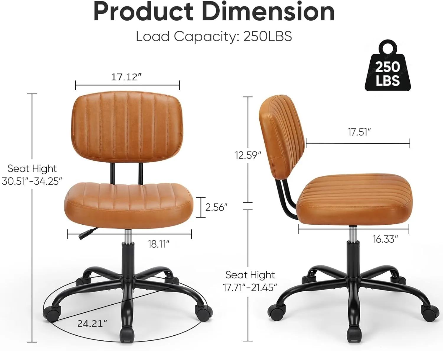 DUMOS Armless Small Home Office Desk Chair - Vanity Task Chair with Low Back, Height Adjustable PU Leather Swivel Computer Chair with 360° Rolling Wheels, Deep Brown
