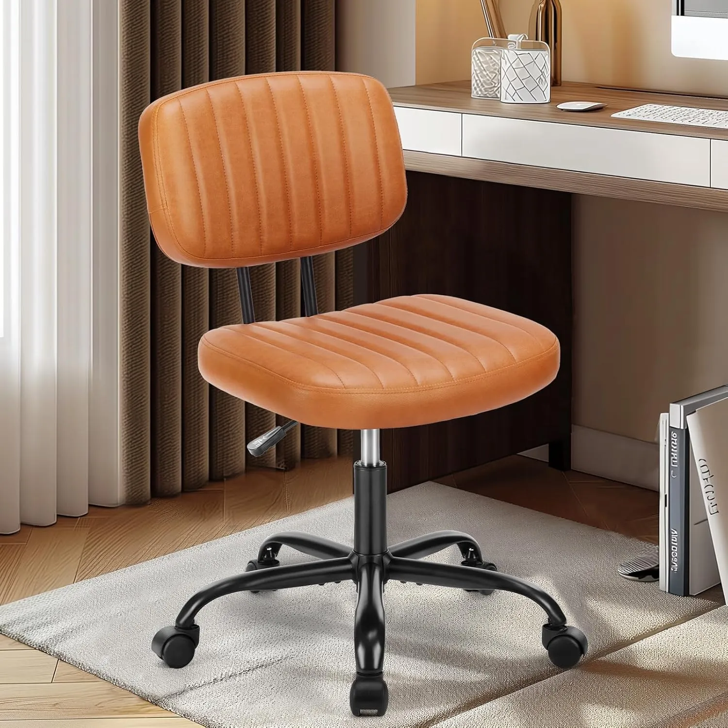 DUMOS Armless Small Home Office Desk Chair - Vanity Task Chair with Low Back, Height Adjustable PU Leather Swivel Computer Chair with 360° Rolling Wheels, Deep Brown