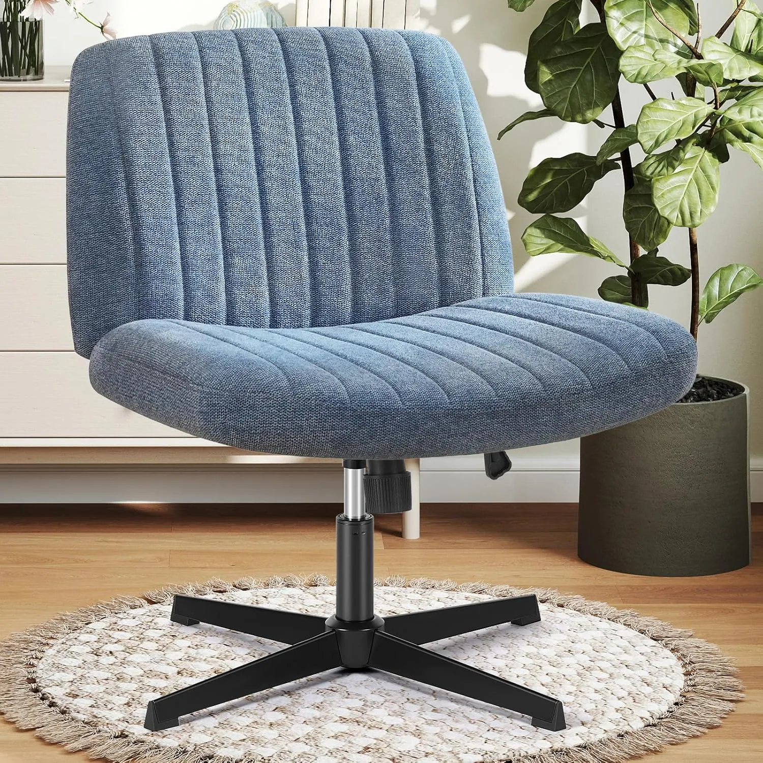 DUMOS Criss Cross Legged Office Chair, Armless No Wheels Wide Seat, Modern Home Desk Height Adjustable Swivel Fabric Comfortable Vanity Seating for Bedroom