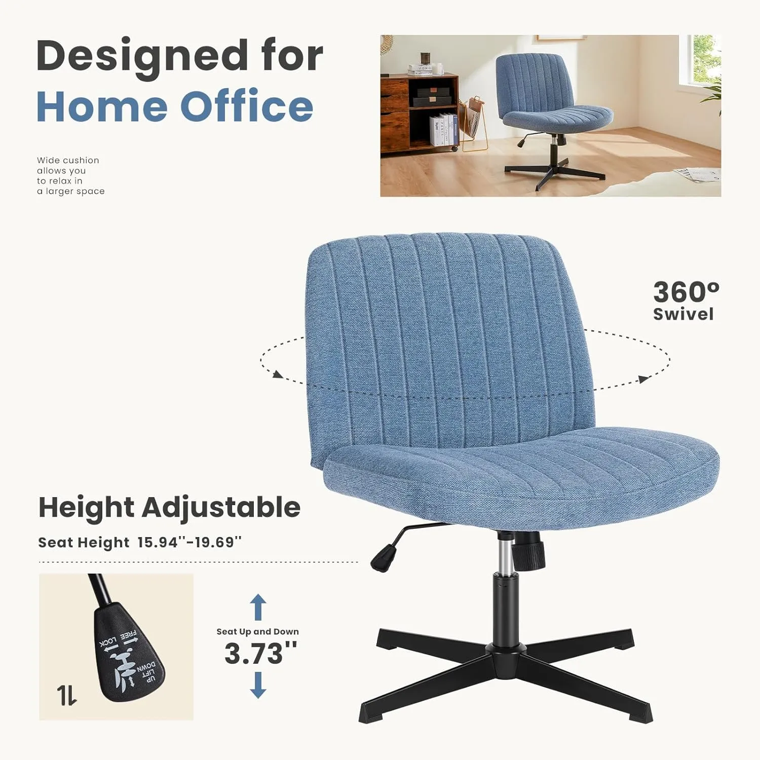 DUMOS Criss Cross Legged Office Chair, Armless No Wheels Wide Seat, Modern Home Desk Height Adjustable Swivel Fabric Comfortable Vanity Seating for Bedroom