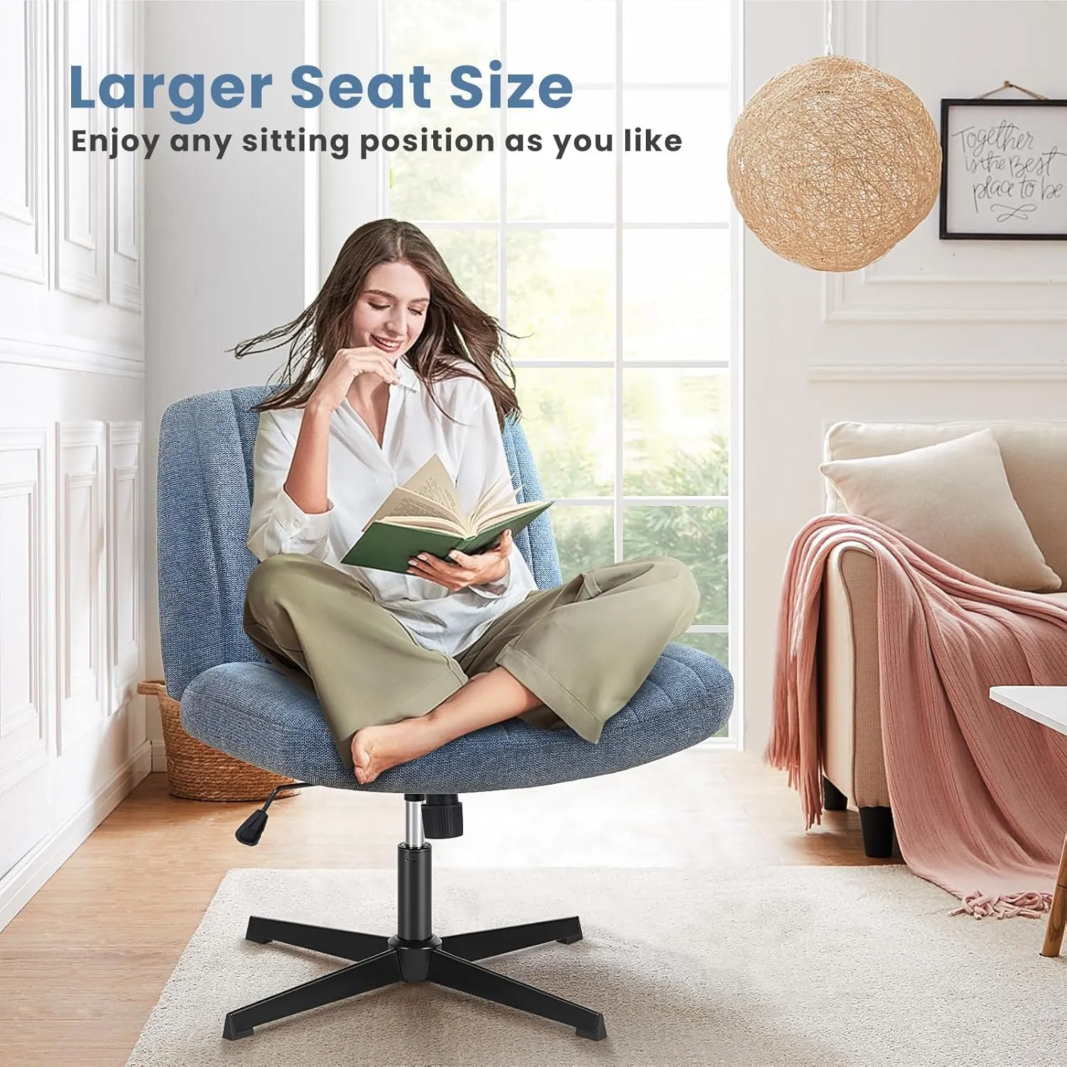 DUMOS Criss Cross Legged Office Chair, Armless No Wheels Wide Seat, Modern Home Desk Height Adjustable Swivel Fabric Comfortable Vanity Seating for Bedroom