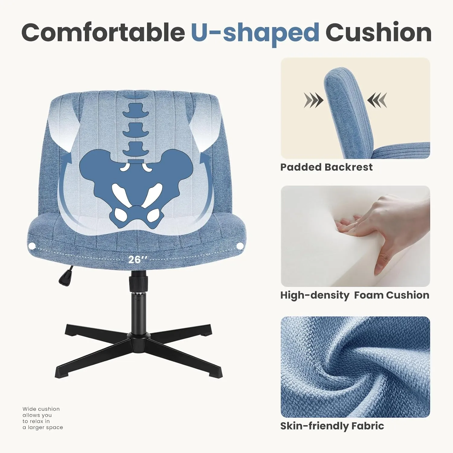 DUMOS Criss Cross Legged Office Chair, Armless No Wheels Wide Seat, Modern Home Desk Height Adjustable Swivel Fabric Comfortable Vanity Seating for Bedroom