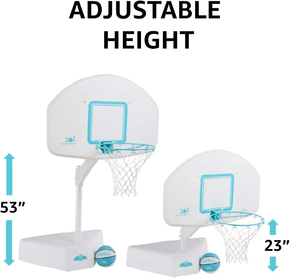 Dunn-Rite Splash & Shoot Outdoor Adjustable Height Swimming Pool Basketball Hoop w/Ball, Base, & 18 Inch Stainless Steel Rim for Adults & Kids, White