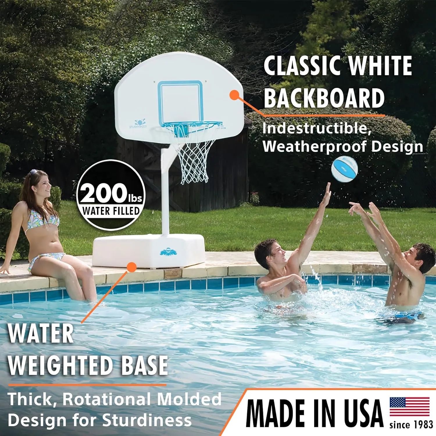 Dunn-Rite Splash & Shoot Outdoor Adjustable Height Swimming Pool Basketball Hoop w/Ball, Base, & 18 Inch Stainless Steel Rim for Adults & Kids, White