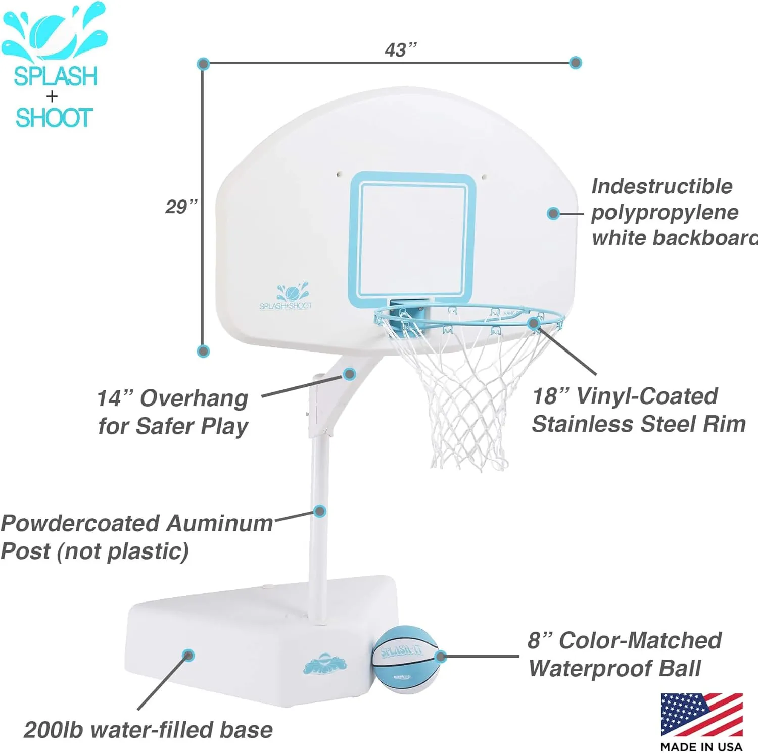 Dunn-Rite Splash & Shoot Outdoor Adjustable Height Swimming Pool Basketball Hoop w/Ball, Base, & 18 Inch Stainless Steel Rim for Adults & Kids, White
