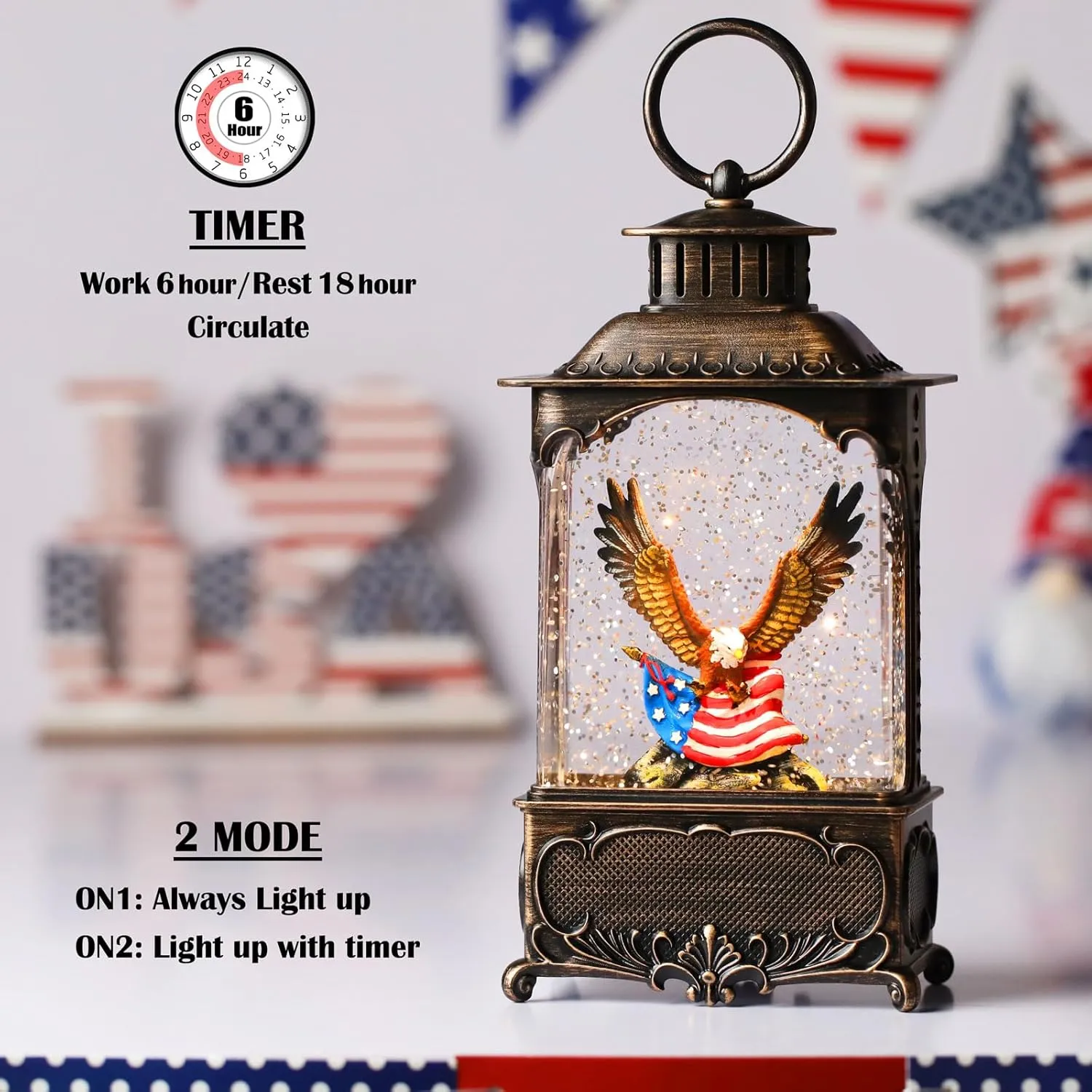 Eagle Snow Globe Lantern 4th of July Decorations Independence Day with Timer, USB and Battery Powered Patriotic Eagle and American Flag 10.2 inch