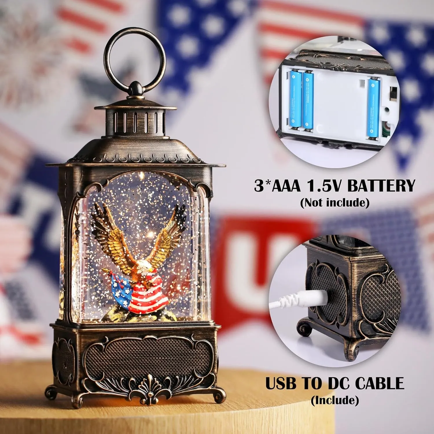 Eagle Snow Globe Lantern 4th of July Decorations Independence Day with Timer, USB and Battery Powered Patriotic Eagle and American Flag 10.2 inch