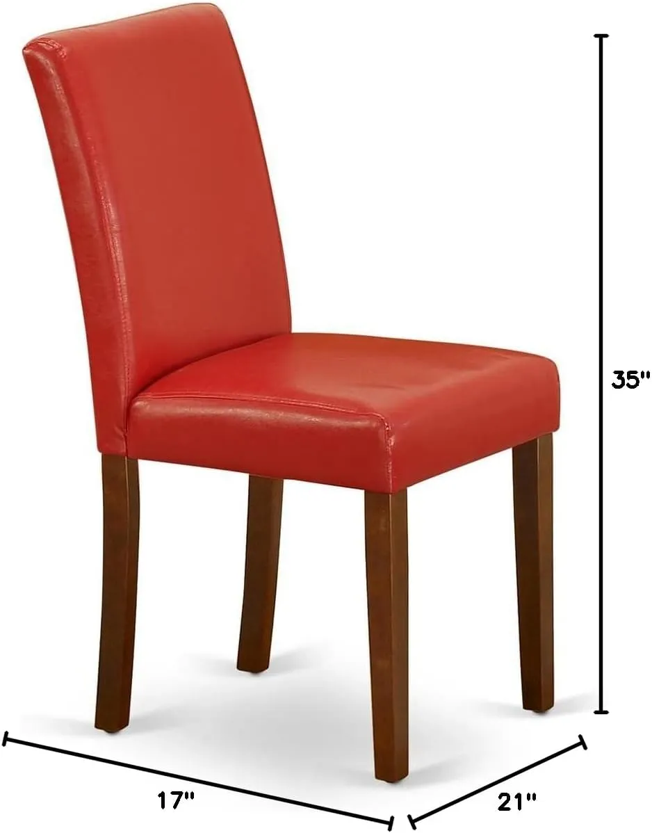 East West Furniture ABP3T72 Abbott Parsons Dining Chairs - Firebrick Red Faux Leather Padded Chairs, Set of 2, Mahogany