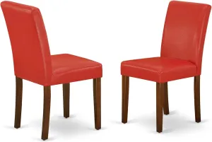 East West Furniture ABP3T72 Abbott Parsons Dining Chairs - Firebrick Red Faux Leather Padded Chairs, Set of 2, Mahogany