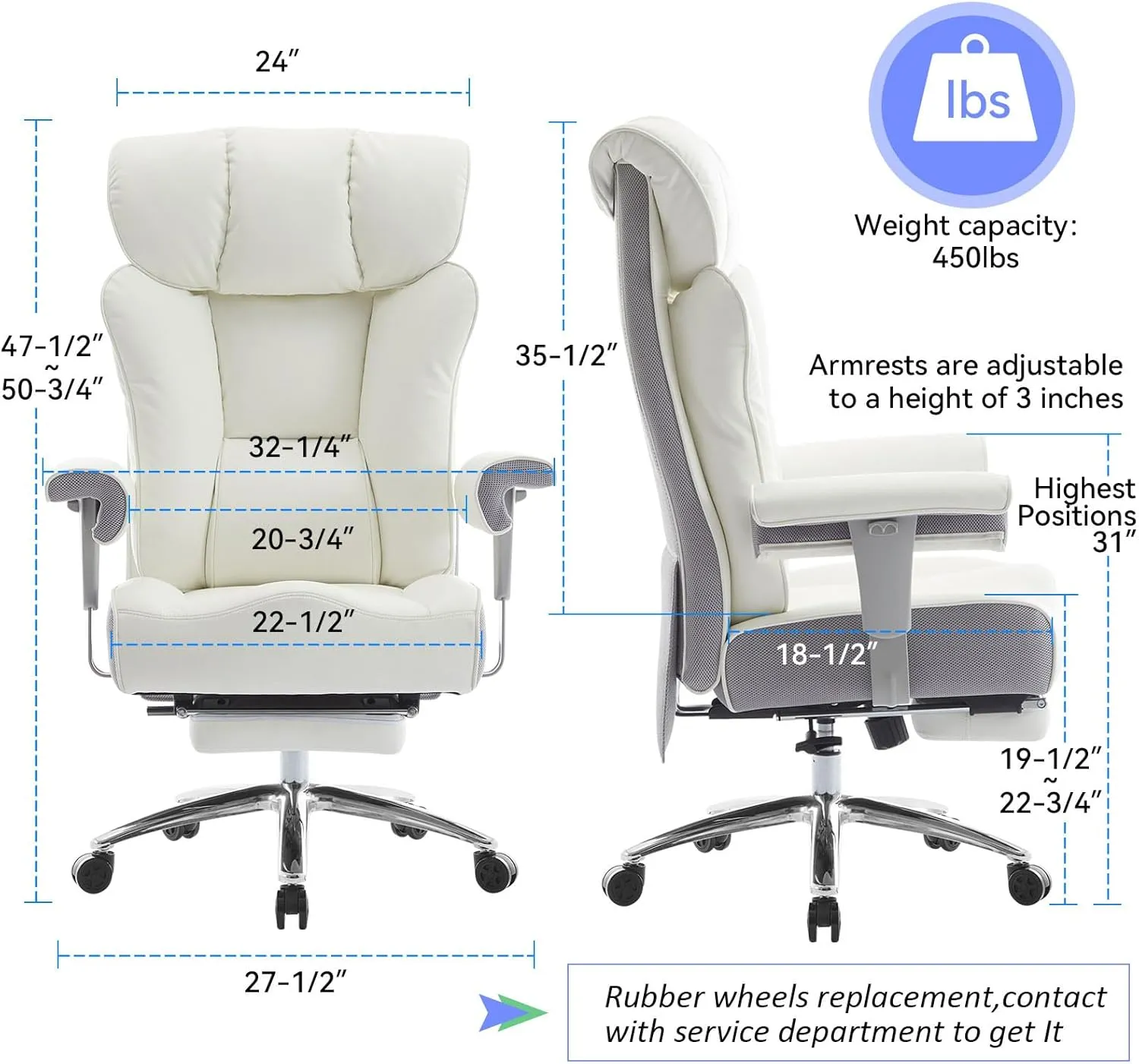 Efomao Big Tall Ergonomic Office Chair 450LBS with Foot Rest, High Back PU Leather Executive Chair with Adjustable Padded Armrests, Lumbar Support for Home or Work, Heavy Duty Computer Chair, White