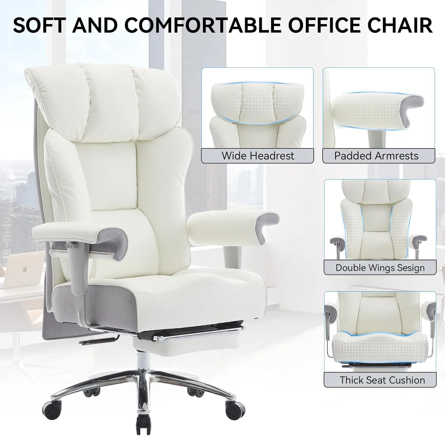 Efomao Big Tall Ergonomic Office Chair 450LBS with Foot Rest, High Back PU Leather Executive Chair with Adjustable Padded Armrests, Lumbar Support for Home or Work, Heavy Duty Computer Chair, White
