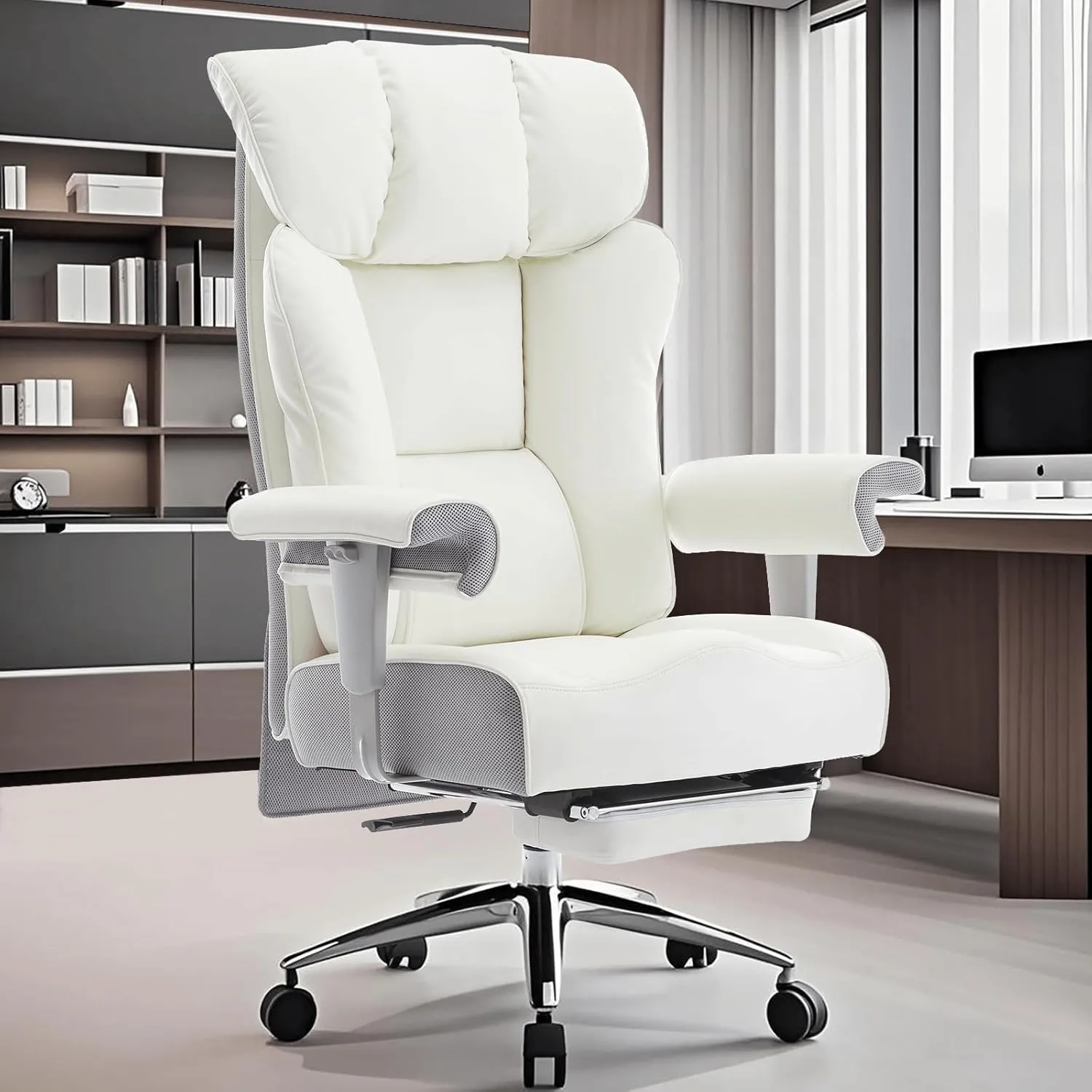 Efomao Big Tall Ergonomic Office Chair 450LBS with Foot Rest, High Back PU Leather Executive Chair with Adjustable Padded Armrests, Lumbar Support for Home or Work, Heavy Duty Computer Chair, White