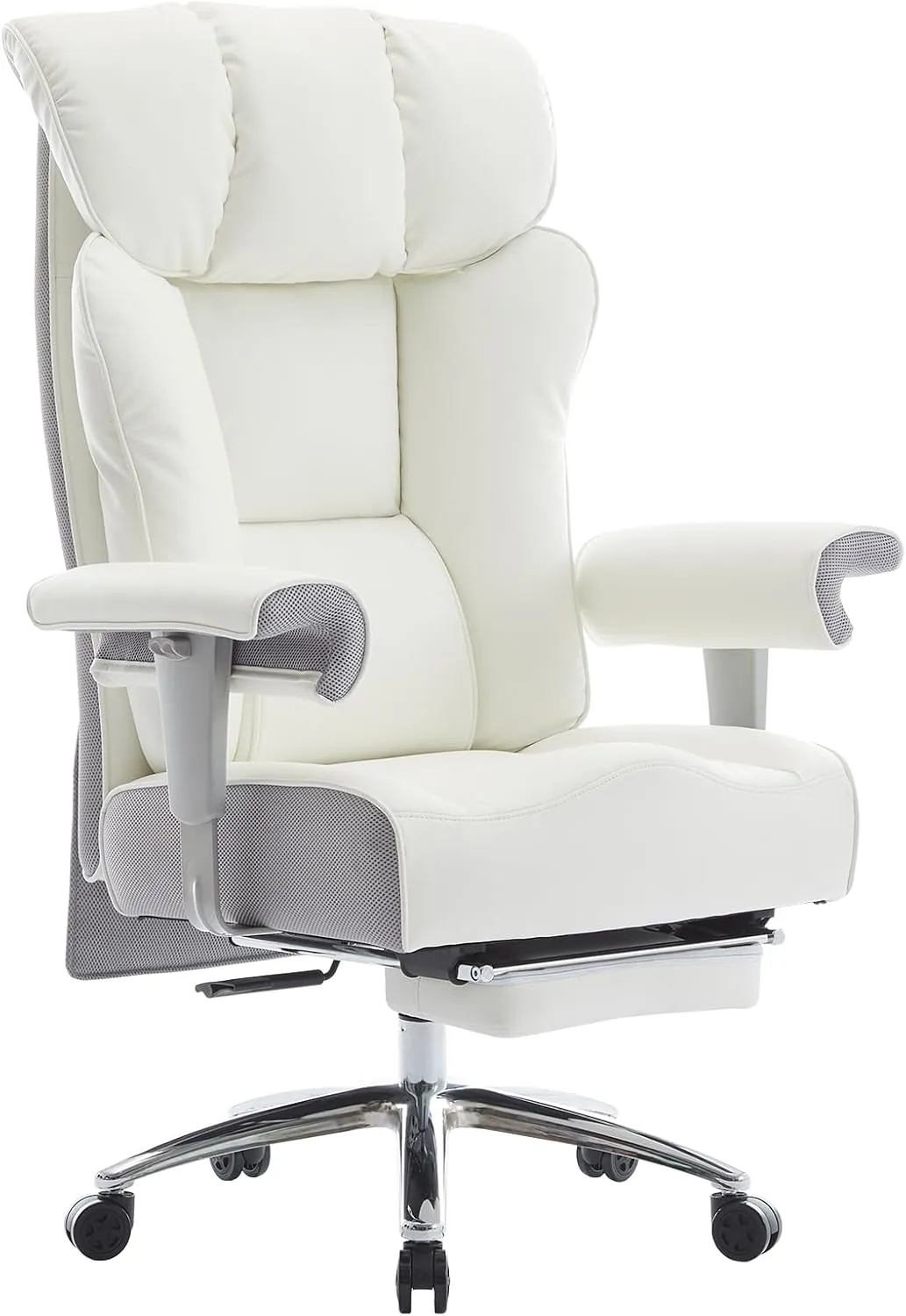 Efomao Big Tall Ergonomic Office Chair 450LBS with Foot Rest, High Back PU Leather Executive Chair with Adjustable Padded Armrests, Lumbar Support for Home or Work, Heavy Duty Computer Chair, White