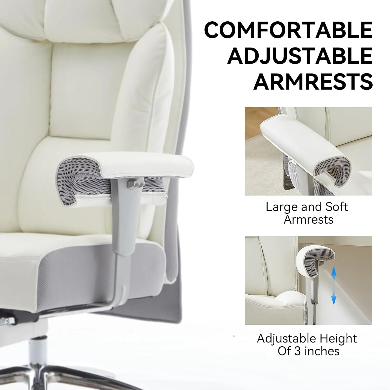 Efomao Big Tall Ergonomic Office Chair 450LBS with Foot Rest, High Back PU Leather Executive Chair with Adjustable Padded Armrests, Lumbar Support for Home or Work, Heavy Duty Computer Chair, White