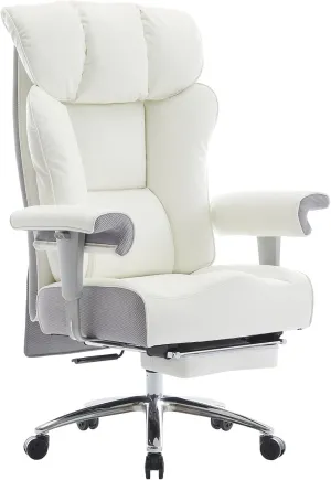 Efomao Big Tall Ergonomic Office Chair 450LBS with Foot Rest, High Back PU Leather Executive Chair with Adjustable Padded Armrests, Lumbar Support for Home or Work, Heavy Duty Computer Chair, White