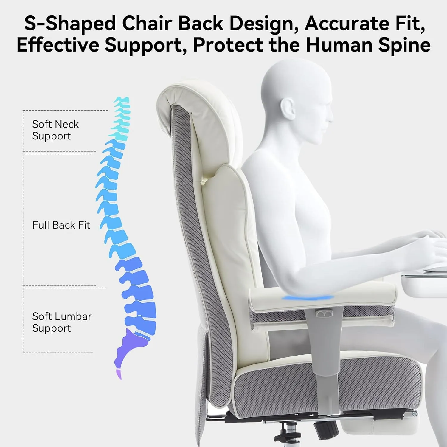 Efomao Big Tall Ergonomic Office Chair 450LBS with Foot Rest, High Back PU Leather Executive Chair with Adjustable Padded Armrests, Lumbar Support for Home or Work, Heavy Duty Computer Chair, White