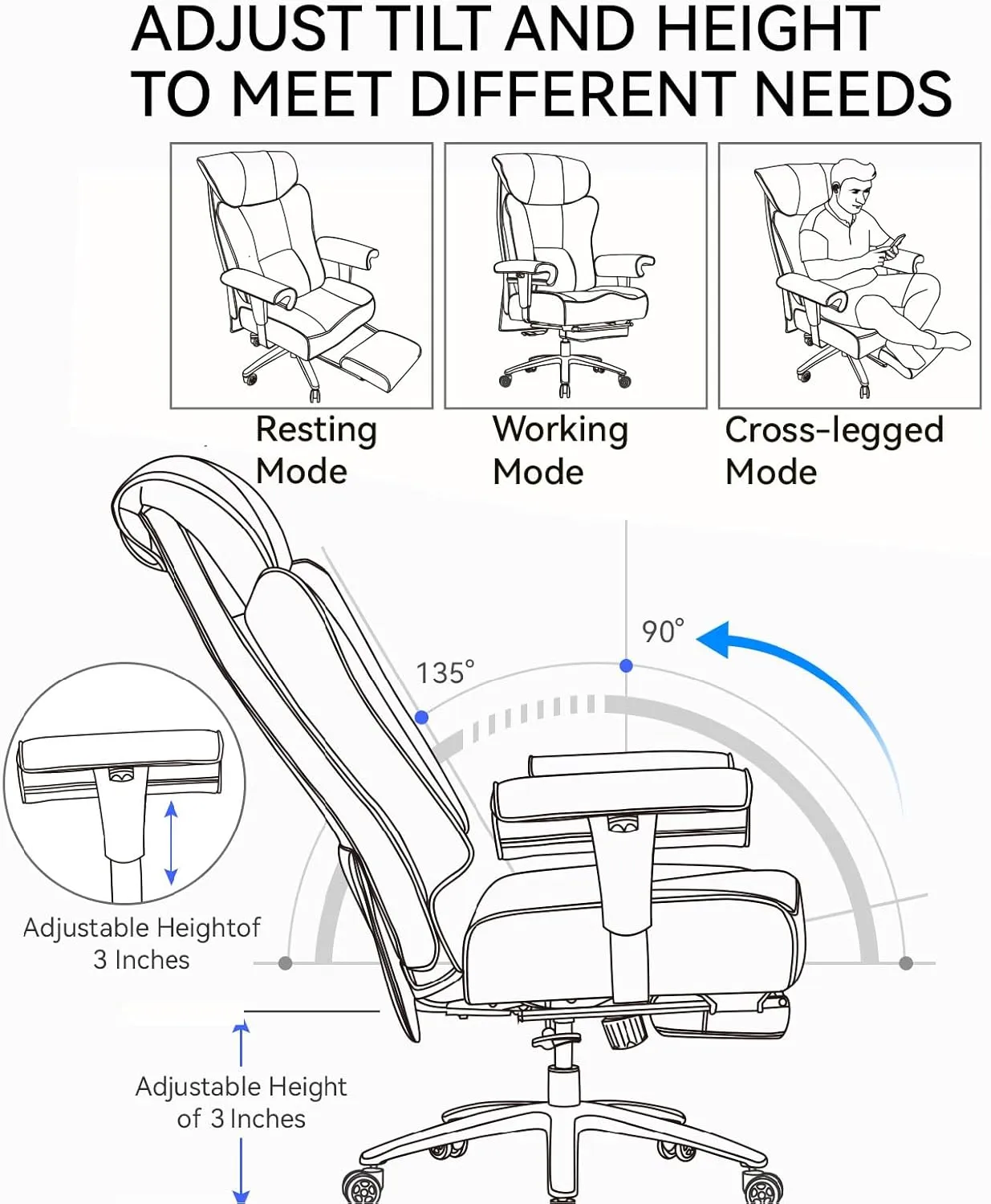 Efomao Big Tall Ergonomic Office Chair 450LBS with Foot Rest, High Back PU Leather Executive Chair with Adjustable Padded Armrests, Lumbar Support for Home or Work, Heavy Duty Computer Chair, White