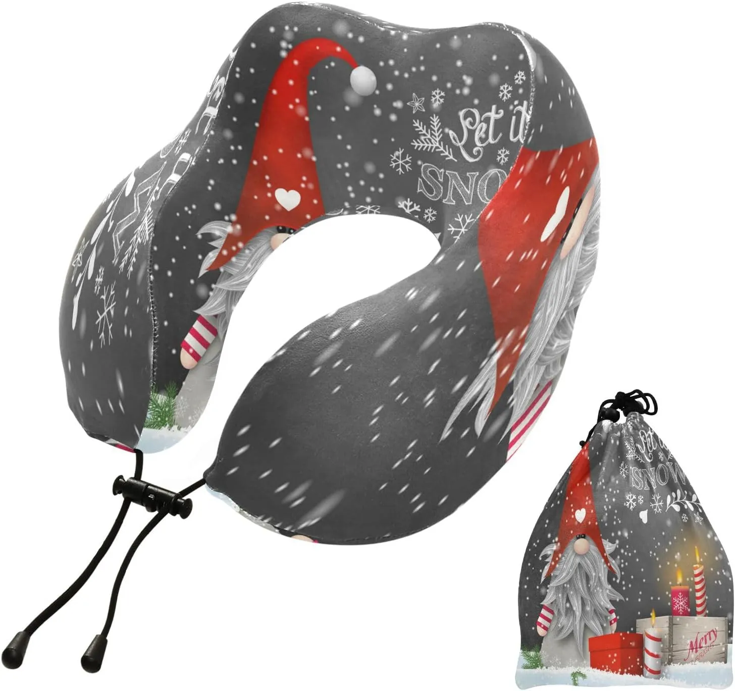 Eionryn Christmas Winter Gnome Travel Pillow Traditional Candles Xmas Gift Memory Foam Neck Pillow with Travel Bag Soft for Headrest Sleep Airplane Car Travel Home,Office