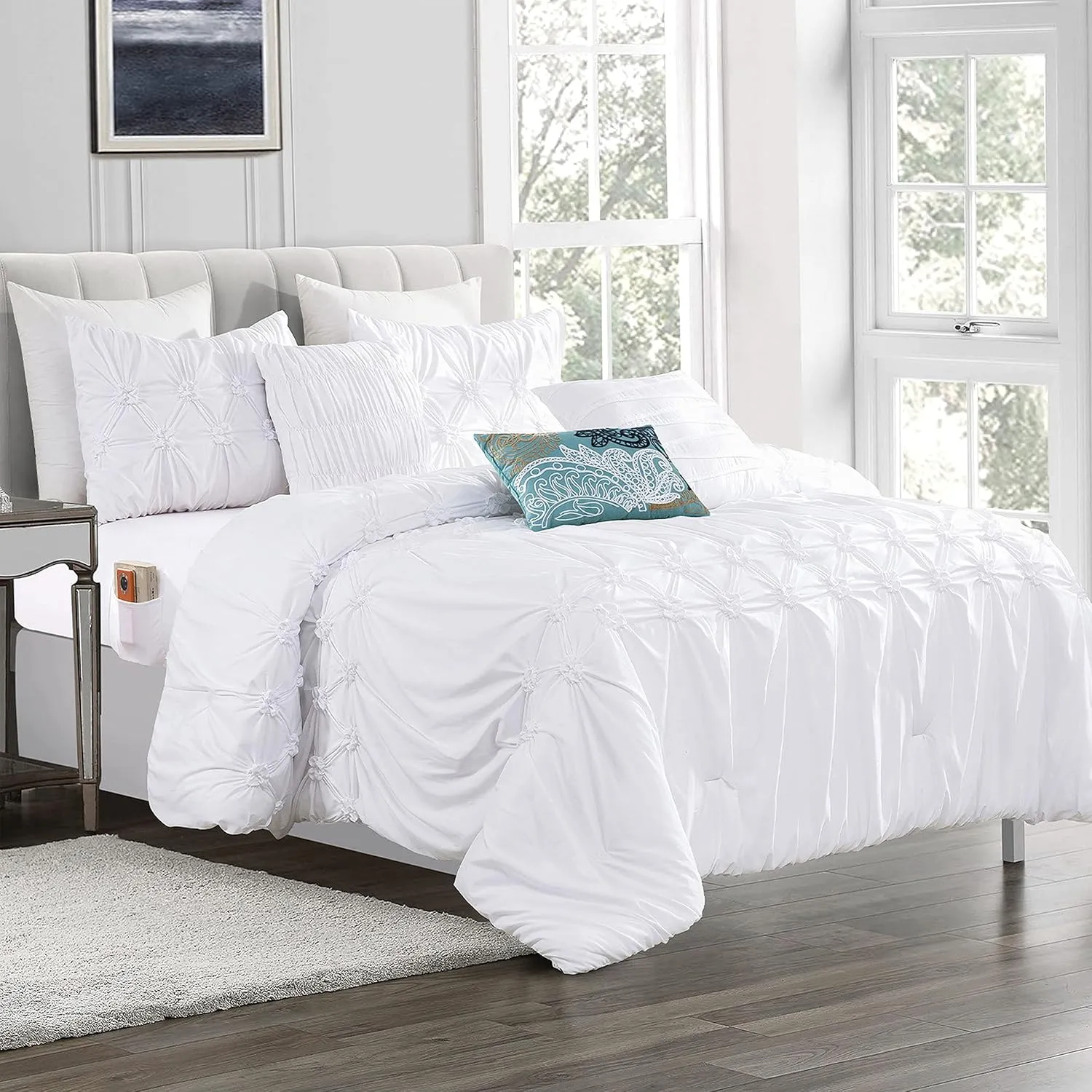Elegant Comfort 12-Piece Bed-in-a-Bag, Ella Pleated Ruched Pintuck Comforter Set, 6-Piece Sheet Set Featuring Smart Pockets, Matching Decorative Pillows, All Season Bedding, California King, White