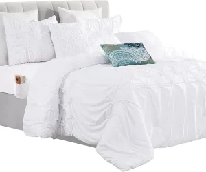 Elegant Comfort 12-Piece Bed-in-a-Bag, Ella Pleated Ruched Pintuck Comforter Set, 6-Piece Sheet Set Featuring Smart Pockets, Matching Decorative Pillows, All Season Bedding, California King, White