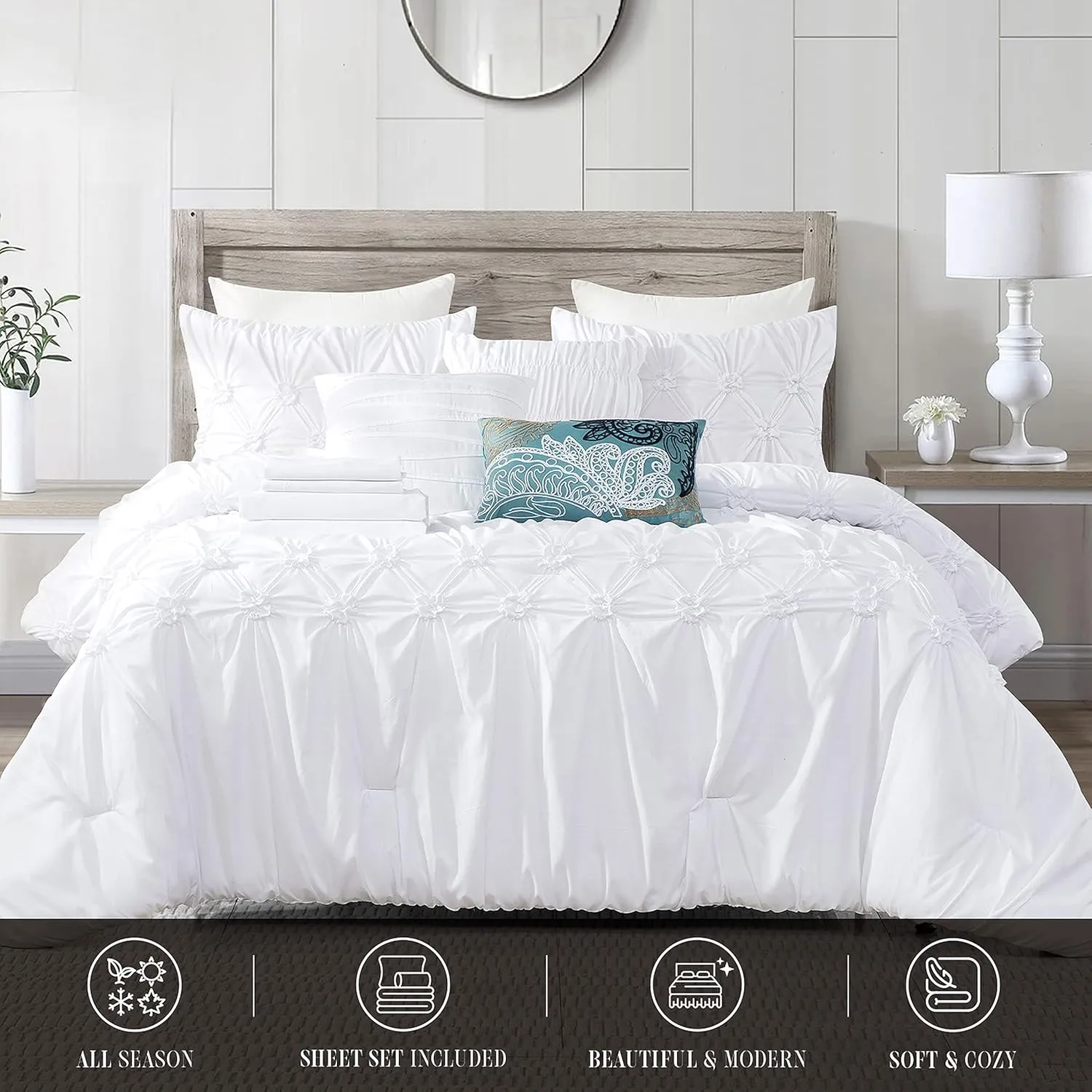 Elegant Comfort 12-Piece Bed-in-a-Bag, Ella Pleated Ruched Pintuck Comforter Set, 6-Piece Sheet Set Featuring Smart Pockets, Matching Decorative Pillows, All Season Bedding, California King, White