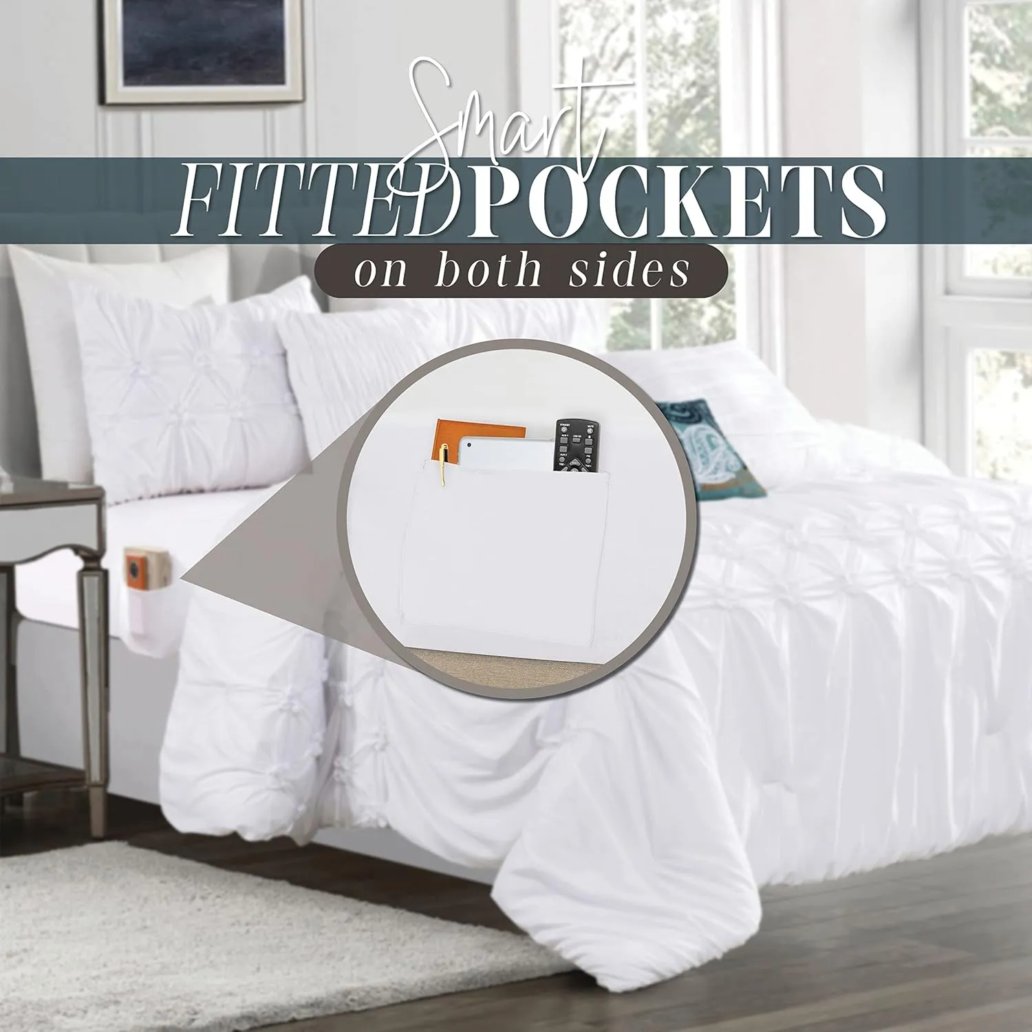 Elegant Comfort 12-Piece Bed-in-a-Bag, Ella Pleated Ruched Pintuck Comforter Set, 6-Piece Sheet Set Featuring Smart Pockets, Matching Decorative Pillows, All Season Bedding, California King, White