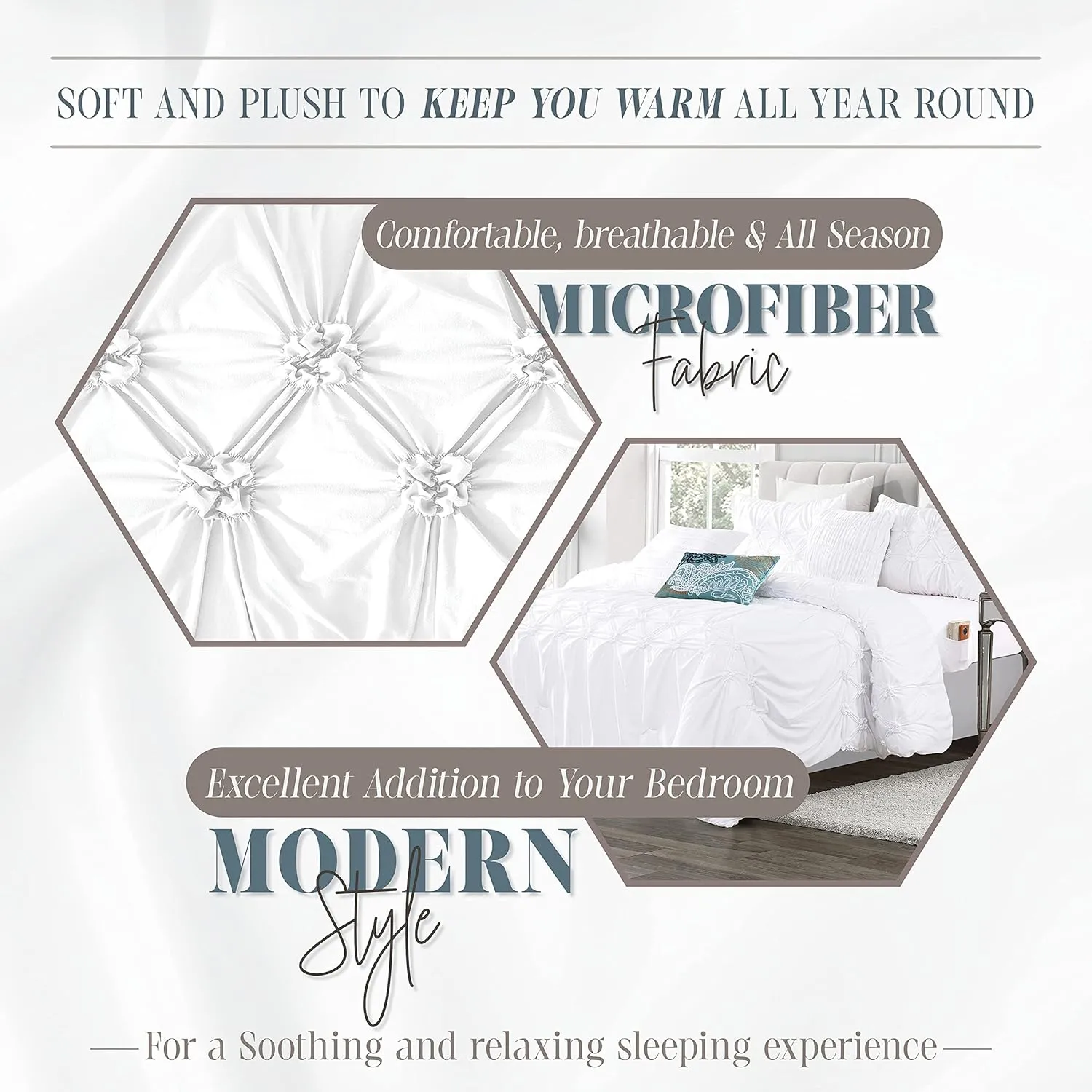 Elegant Comfort 12-Piece Bed-in-a-Bag, Ella Pleated Ruched Pintuck Comforter Set, 6-Piece Sheet Set Featuring Smart Pockets, Matching Decorative Pillows, All Season Bedding, California King, White