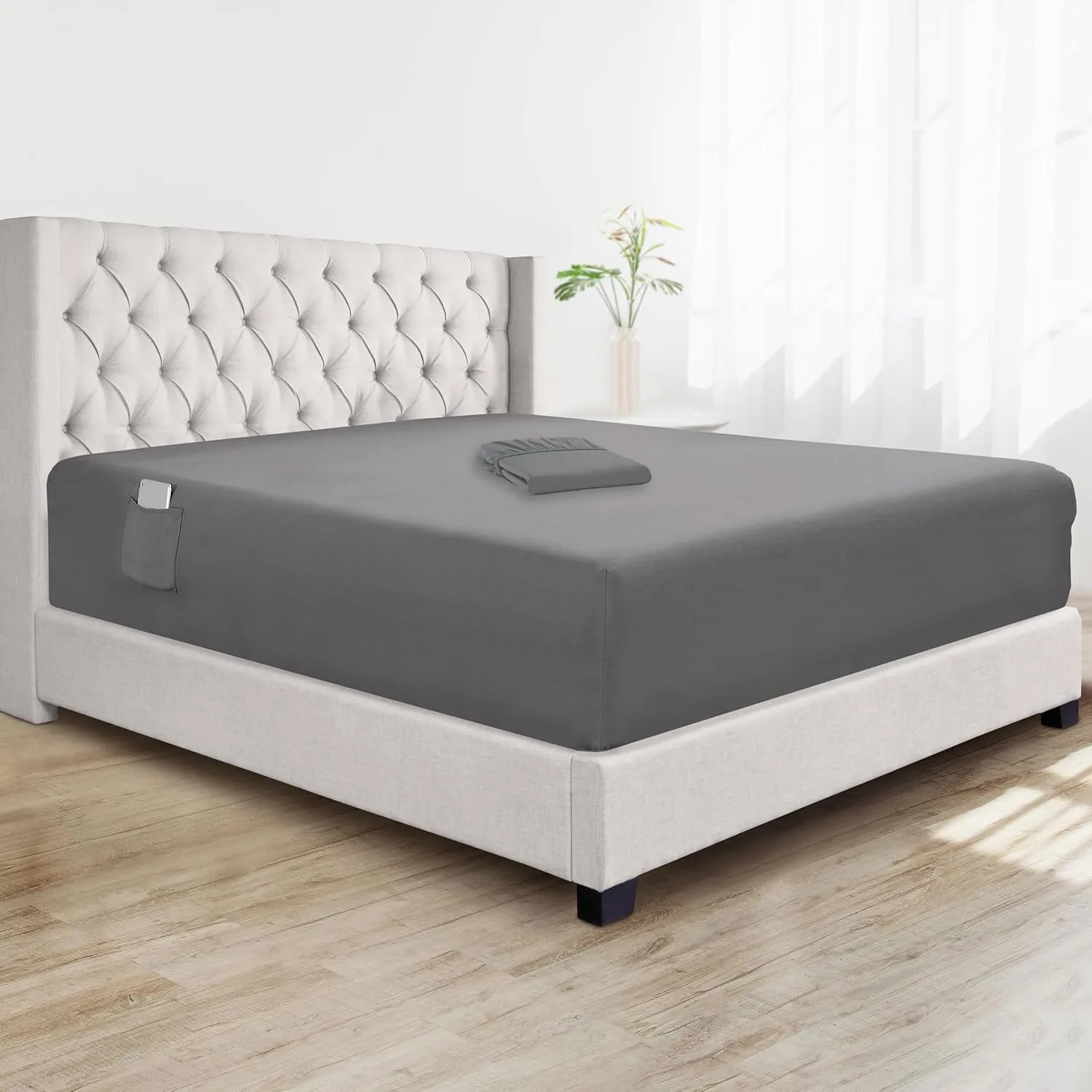 Elegant Comfort Super Soft 1-Piece Single Extra Deep Pocket 1500 Premium Hotel Quality Microfiber Fitted Sheet for High Mattress up to 21" inch with Double Sided Smart Pockets, King, Gray