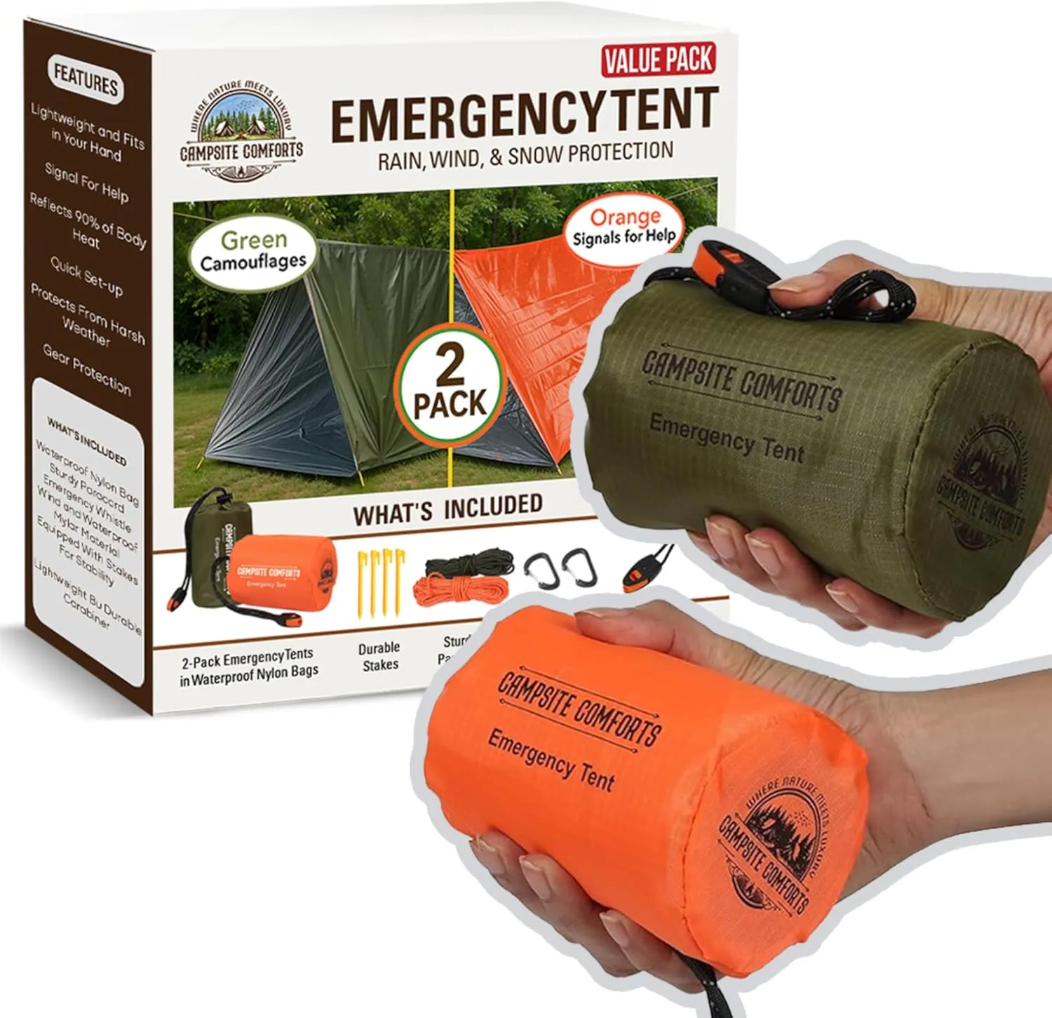 Emergency Tent with Stakes & Paracord - 2 Pack - 2-Person Mylar Shelter with Whistle & Carabiner - Wind & Waterproof Survival Tent - Emergency Shelter - Backpacking Gear
