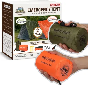 Emergency Tent with Stakes & Paracord - 2 Pack - 2-Person Mylar Shelter with Whistle & Carabiner - Wind & Waterproof Survival Tent - Emergency Shelter - Backpacking Gear