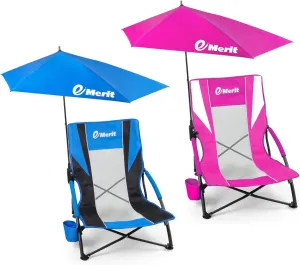 EMERIT 2PCS Beach Chairs for Adults, Low Beach Chair with Umberlla for Couple, Foldable Sun Protection Camping Chairs with Cup Holder & Storage
