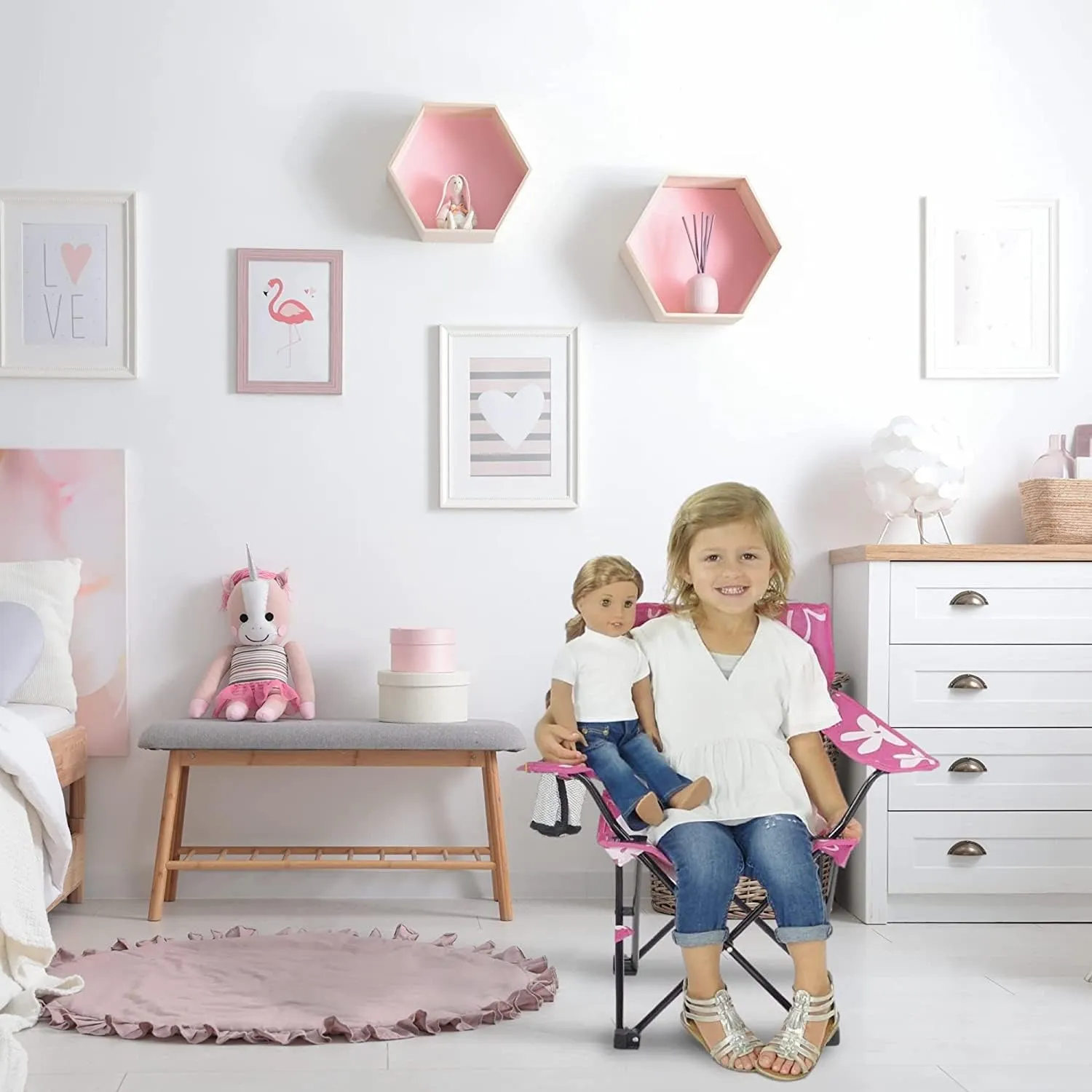 Emily Rose Kids Folding Chair | USA Company | Pink Kid Beach Chair with Safety Lock- Camping Chair for Girls Toddler with Cup Holder & Carry Case- Tailgate, Travel, Beach, Lawn- for Indoor & Outdoor